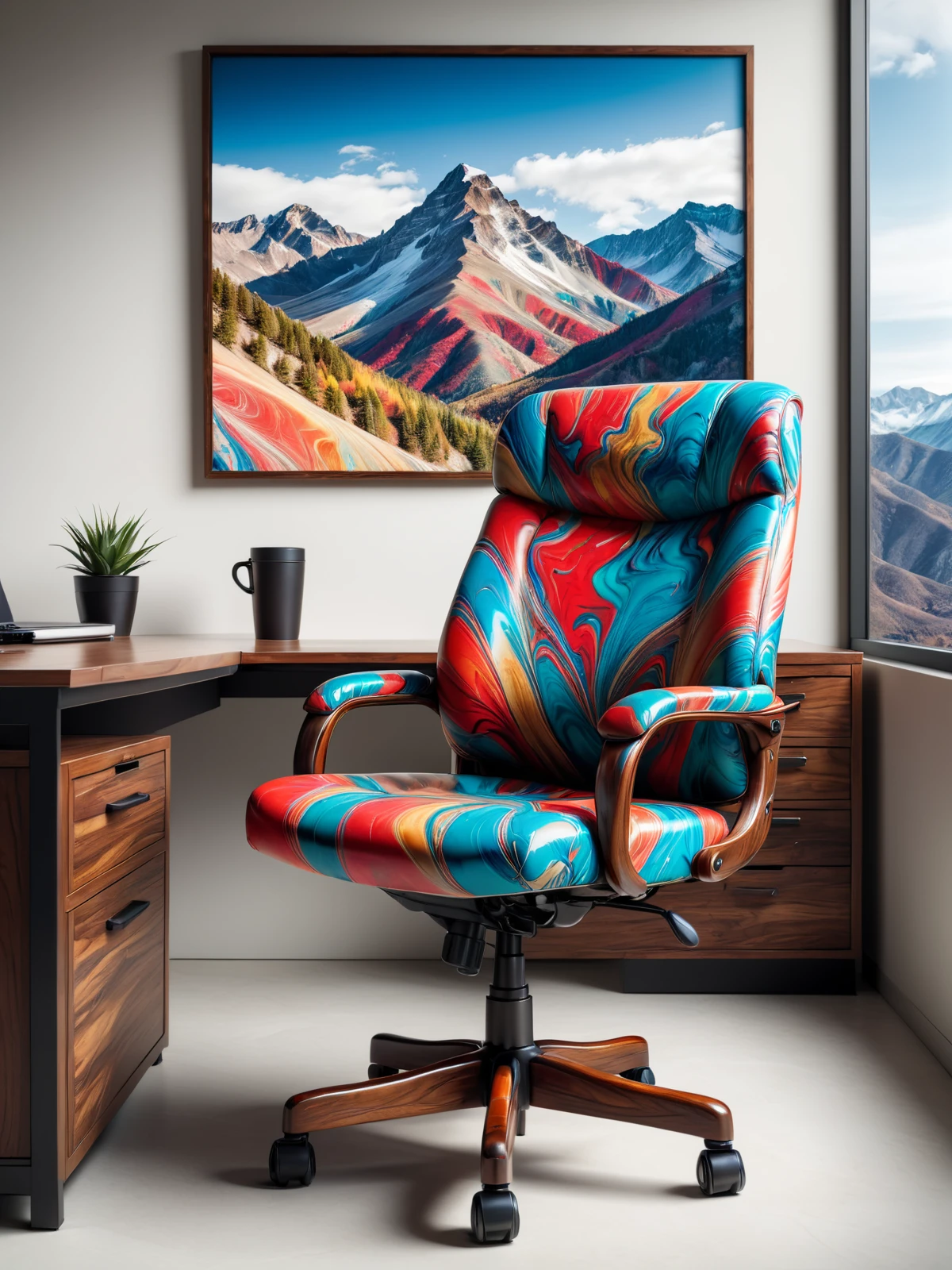 colorful mad-marbled-paper office chair and wooden desk in an expensive office, photograph of a mountain on the wall, cinematic shot  <lora:Colorful_Marbled_Paper_SDXL_v2:0.6>, masterpiece, best quality, ultra high res, (photorealistic, realistic:1.2), deep shadow, raw photo, film grain, Fujifilm XT3, 8k uhd, dslr