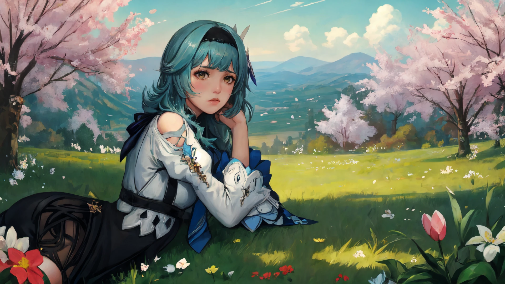 portrait of euladef, 1girl, lying in the grass, flowers,sad, pensive,
looking at the sky,
paify, romanticism,
 scenery, spring, 
<lora:woafu_paintify:0.5>
<lora:eula2-000009:1>