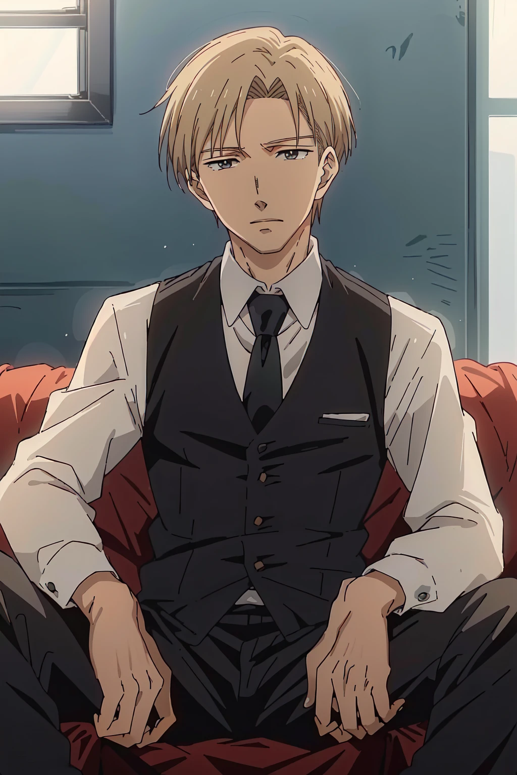 (((masterpiece,best quality,detailed,Anime style))),1boy,solo,Yashiro,(solid_eyes,detailed_eyes,black eyes:1,21),(blonde hair,suit vest,necktie,black pants),<lora:Yashiro_v1:0.8>,Warm light,