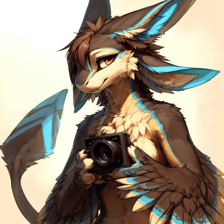 high resolution, best quality,( <lora:zavali_sub:1>female avali),closeup, portrait, avali female holding a (big photo camera:1.1), looking at viewer, (taking picture:1.2), simple background, winged arms, detailed feathers, (long tail, thin tail, tail feathers:1.1), by pixelsketcher, (masterpiece, high quality:1.2) (by kame 3, by ingi, by oouna, by reysi,) <lora:easynegative:1> <lora:fluffyrock-quality-tags-v4:1> (four ears:1.2)
