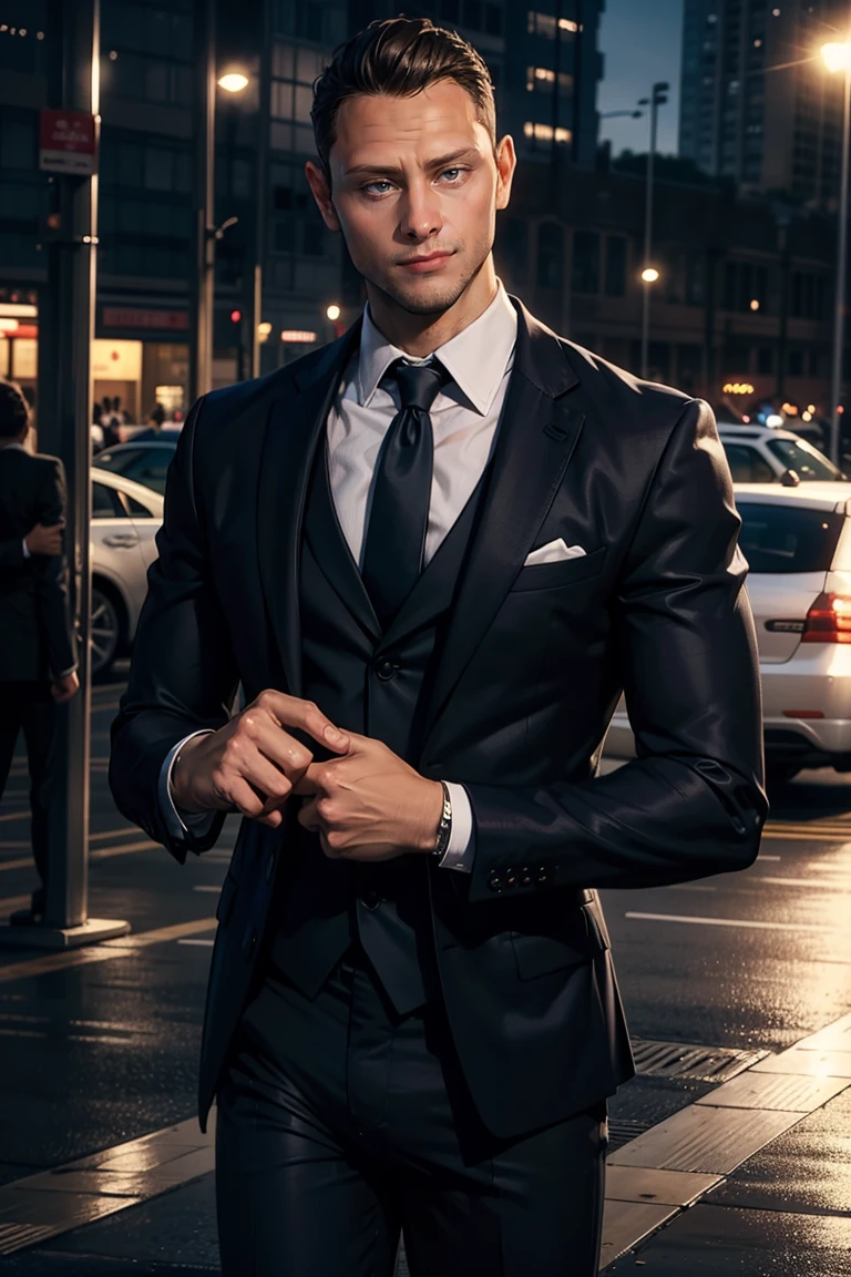 photo of person, man, smirk, (muscular:1.1), parking lot, dress shirt, pants, suit, work clothes, looking to viewer, cinematic lighting, detailed face, detailed eyes, masterpiece, high_res, perfect face<lora:EMS-343525-EMS:1.000000>