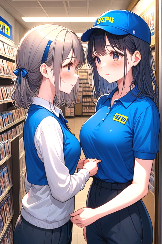 blockbuster, score_9, score_8_up, score_7_up, score_6_up, score_5_up,  score_4_up, 1girl in short dress, 2girls holding a video rental store portrait cover goods, blue cap, blue polo shirt, pants, look at each other, indoor, counter, storefront, glass door, parted lips, different colors hair, big tits, ribbon, sweat, shy, blush, slim figure, <lora:girllikeblockbuster_pony:0.9>