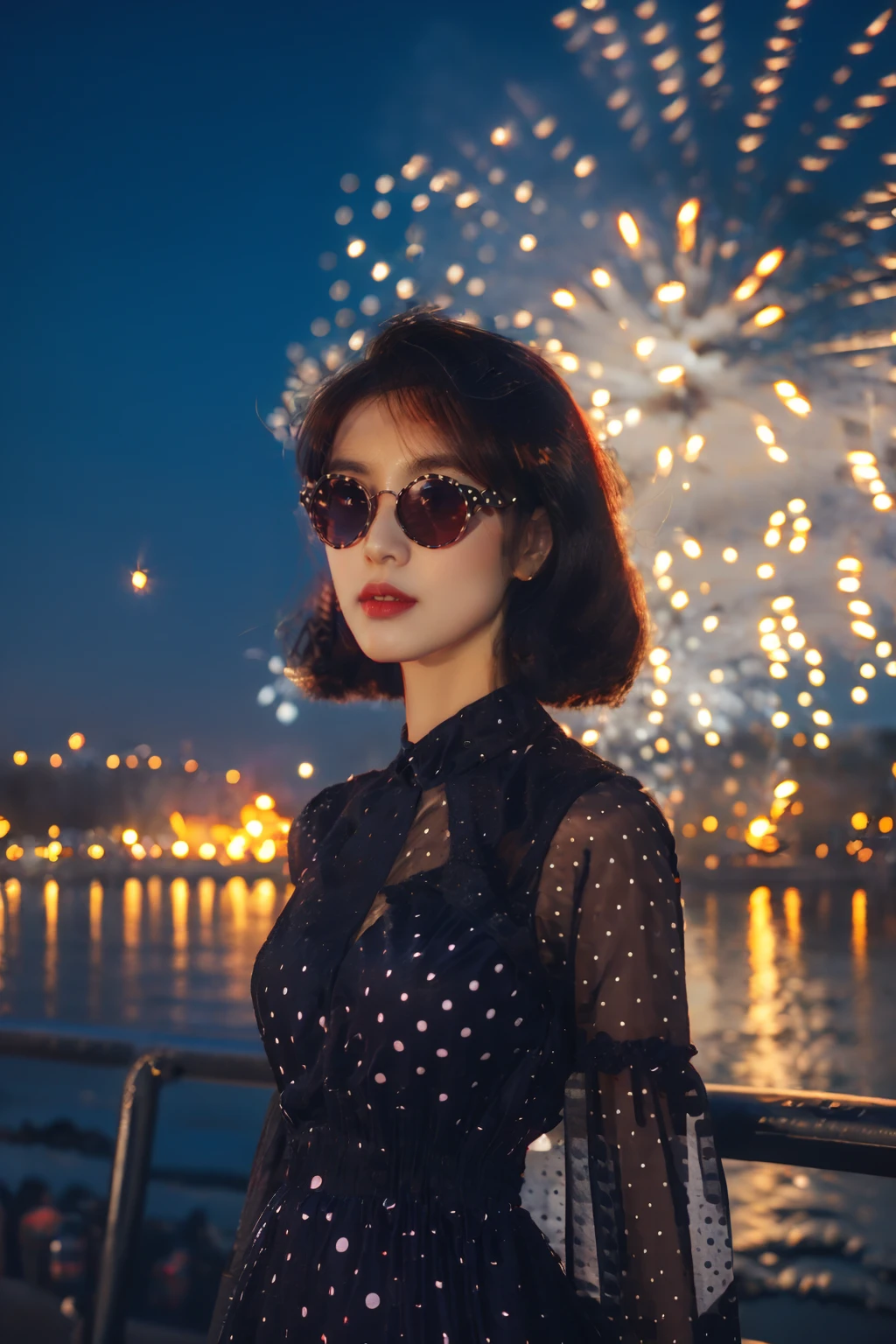 solo,1girl,dress,black hair,realistic,upper body,looking at viewer,elegant girl,(Retro_polka_dot_dress:1.4),(Vintage_sunglasses:1.3),fire,fireworks,night,<lora:disillusion Â· fireworks:1>,