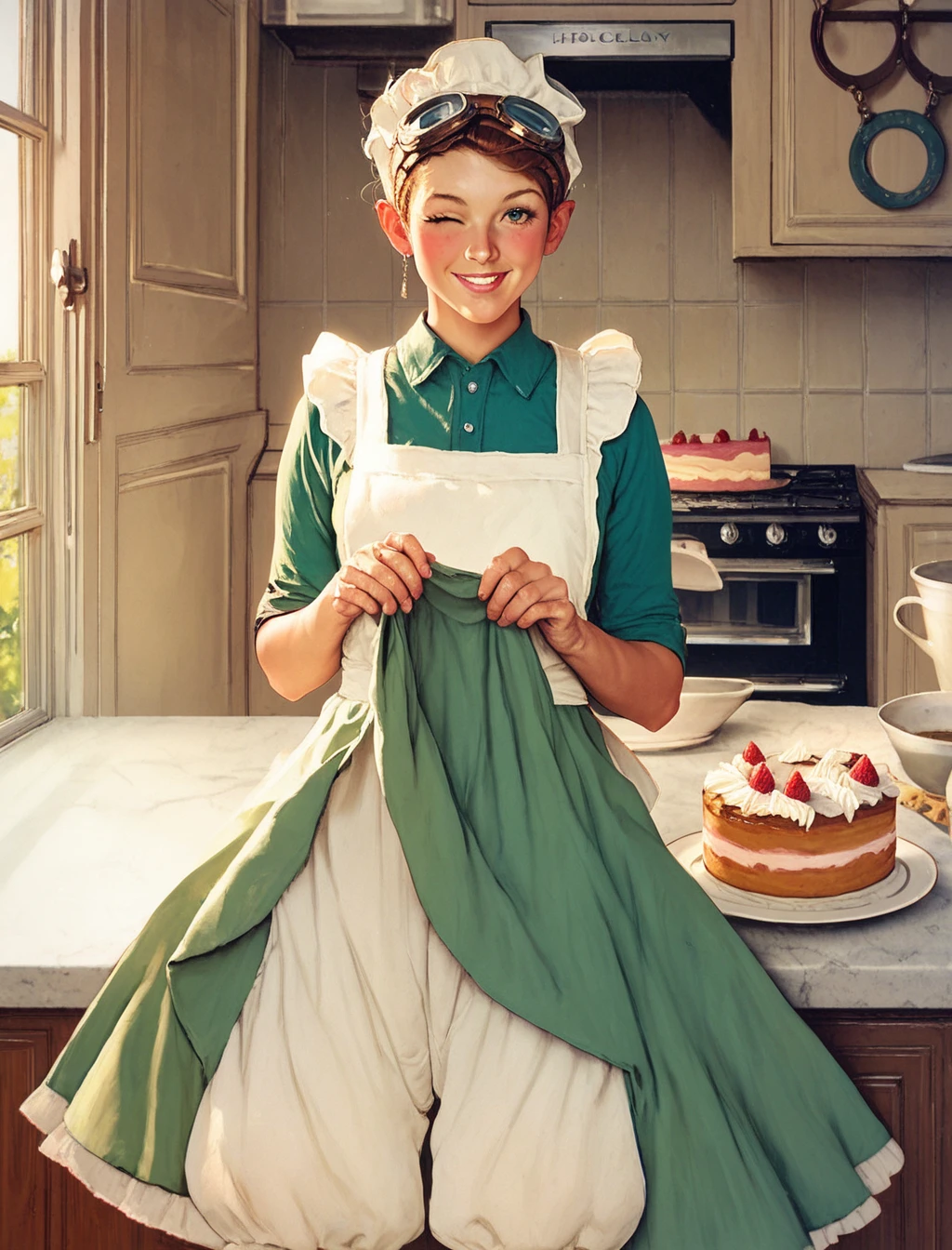 1girl, dress, skirt lift, norman rockwell style, in the kitchen, baking a cake, 1950s style, goggles on her head, looking at viewer, wink, bashful, green dress, white apron, from front, bloomers,

score_9, score_8_up, score_7_up, score_6_up, score_5_up, score_4_up, rating_questionable,