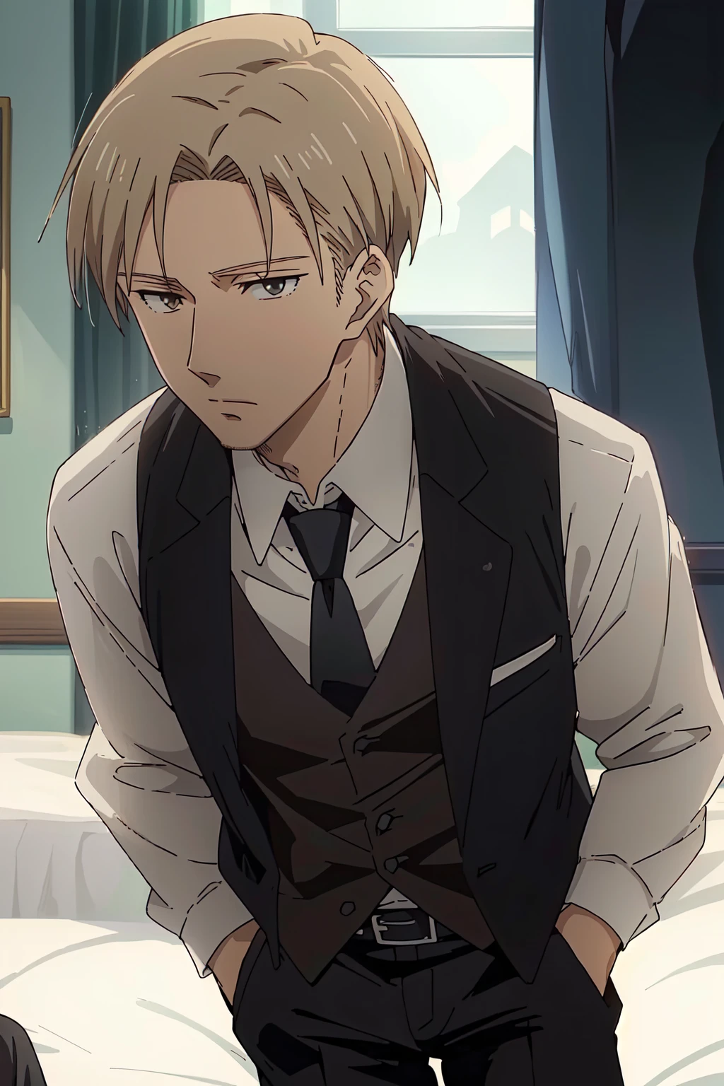 (((masterpiece,best quality,detailed,Anime style))),1boy,solo,Yashiro,(solid_eyes,detailed_eyes,black eyes:1,21),(blonde hair,suit vest,necktie,black pants),<lora:Yashiro_v1:0.8>,Back lighting,