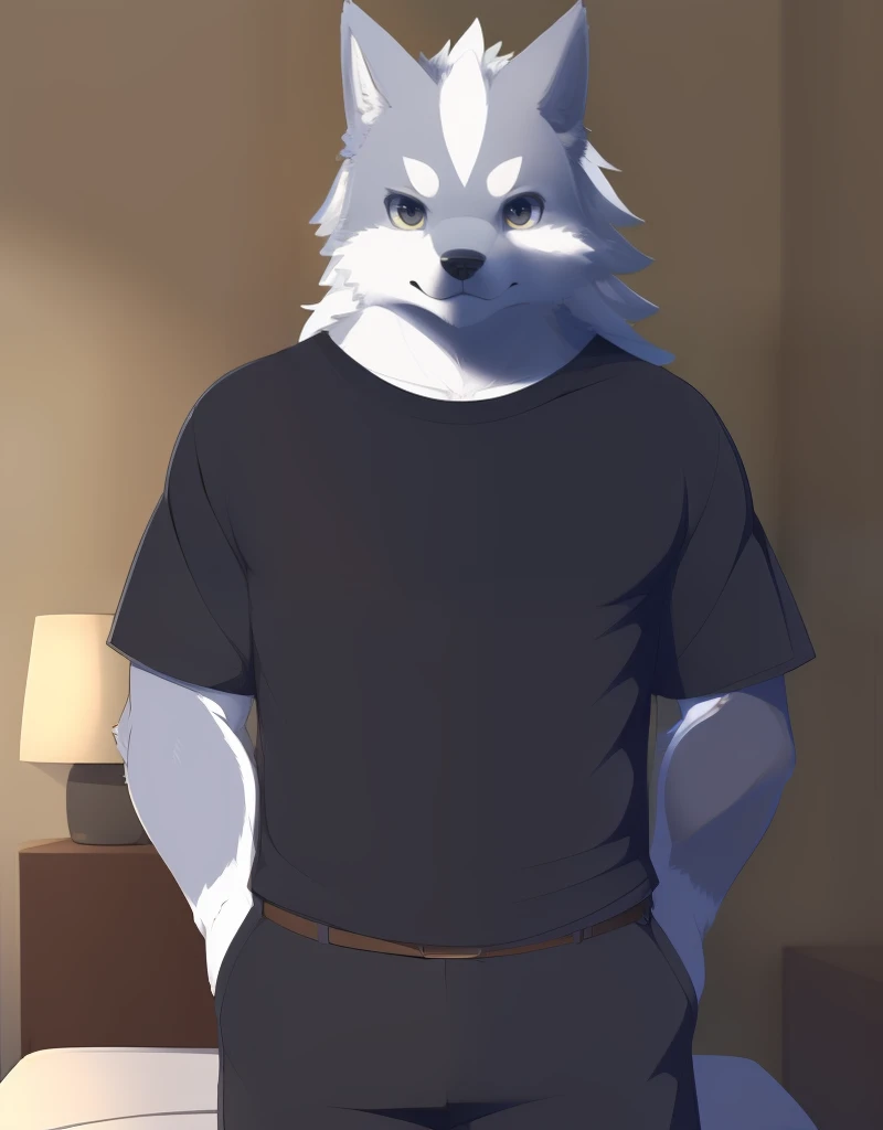 (((detailed eyes, detailed face))), (furry, sousuke <lora:character_sousuke_findigo_v2:1>, two-tone fur, grey fur, long hair, dog boy, snout, black eyes), male, (solo), (plump), (black t-shirt, grey pants), standing, (arms behind back), smile, (front view) BREAK (konzaburou, ukan_muri, cute), bedroom, (flat shading, flat color, high brightness), 8k, UHD, masterpiece, (full body)