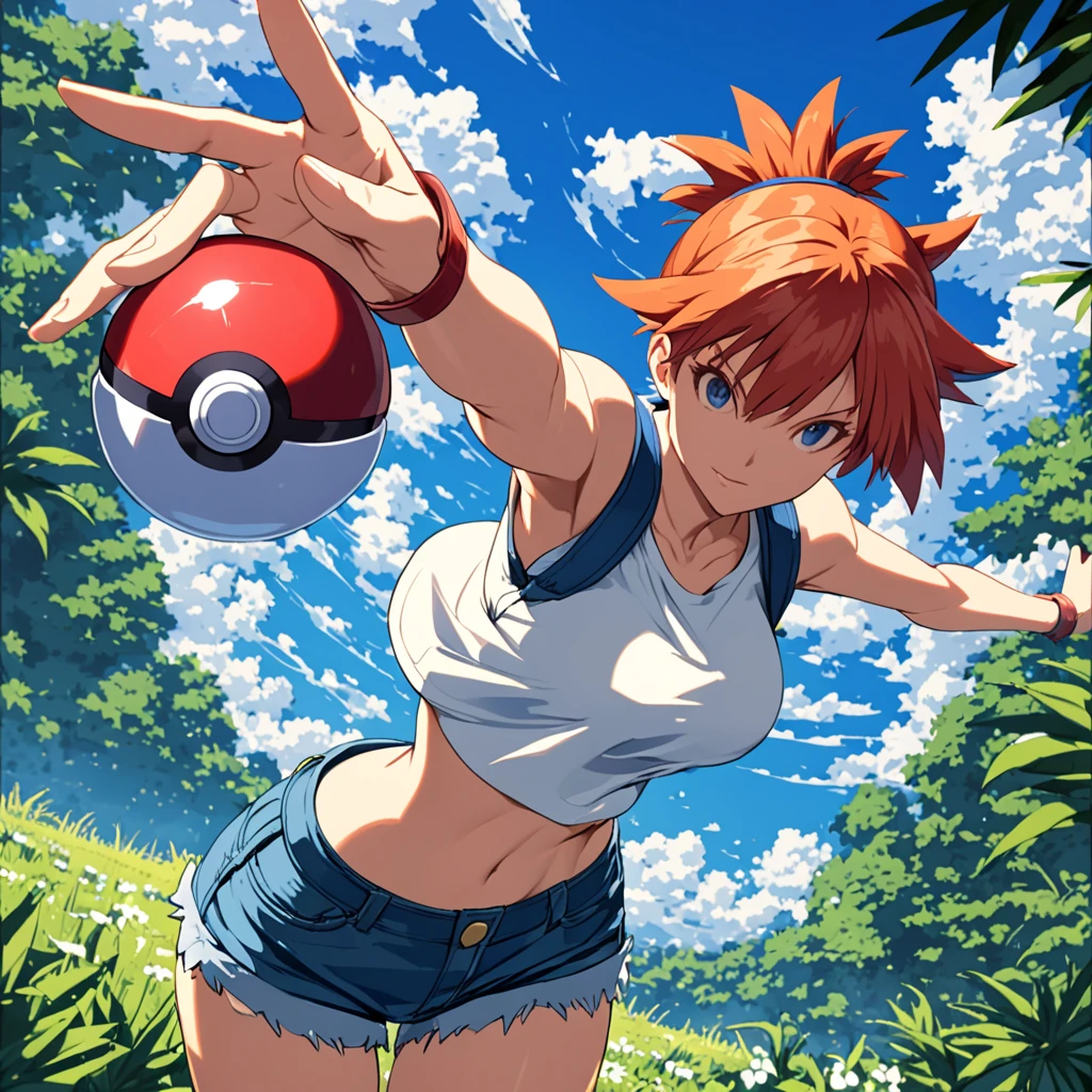 a cinematic shot of misty_\(pokemon\),side_ponytail,navel,suspenders,denim_shorts,midriff,poke_ball_\(basic\),bare_shoulders,short_shorts, holding a pokemon ball, , HD, masterpiece, best quality, hyper detailed, ultra detailed