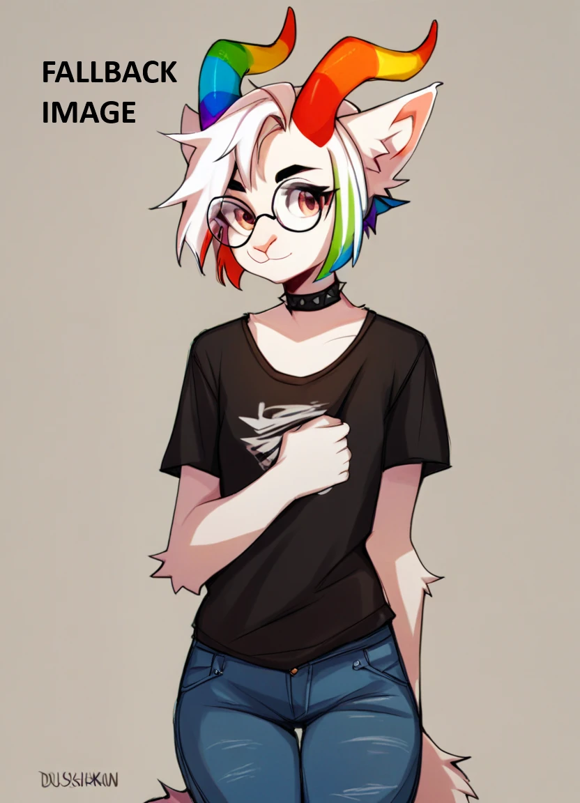 score_9, score_8_up, score_7_up, score_6_up, score_5_up, score_4_up, source_furry, rating_safe, A single anthropomorphic caprine with white fur that has rainbow colored highlights wearing a jeans and a t-shirt, paws, (goat:0.75), white fur, long white hair with rainbow highlights, (rainbow horns), (tiny breasts), by duskihorns, collar, round glasses, circle glasses,