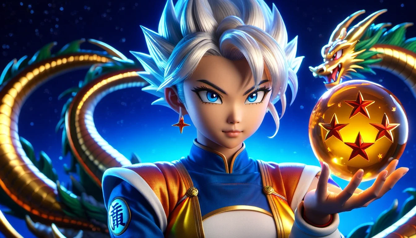 professional 3d model FourStar, beautiful gorgeous Rein Mikamura, holding the four star dragon ball, octane render, highly detailed, volumetric, dramatic lighting, anime artwork FourStar, beautiful gorgeous Rein Mikamura, holding the four star dragon ball, anime style, key visual, vibrant, studio anime,  highly detailed, 