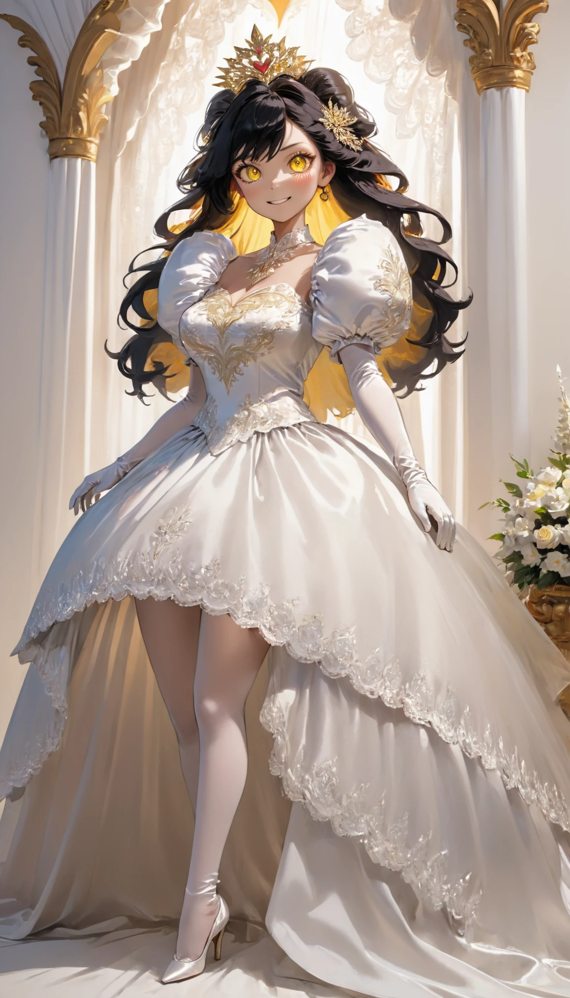 ultra-detailed, masterpiece, best quality, wallpaper, 8k, pixiv,
evil smile, standing, magic, holding a magic stick,
(solo, 1milf, over 30 ages), princess, bride(breast, thigh: 1.1),
black hair, shiny hair, hair over one eye,
(tsurime, yellow eye, heart-shaped pupils),
(princess wedding dress, long skirt, over skirt, puff Sleeves, tiala, long white glove, bridal vail), white shiny thigh high thights, (white shiny satin),
(white background:1.1), <lora:Wedding_Dress_v1:1>