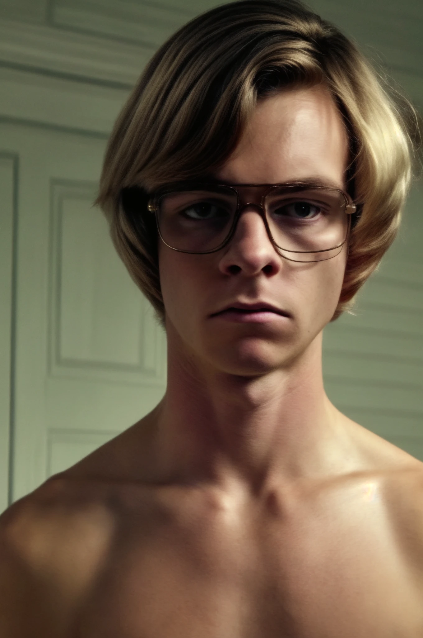 Create the image of a 17 year old boy with blond hair androgynous face and body topless with large breasts of a woman wearing sleep shorts looking at herself in a mirror with a sad face