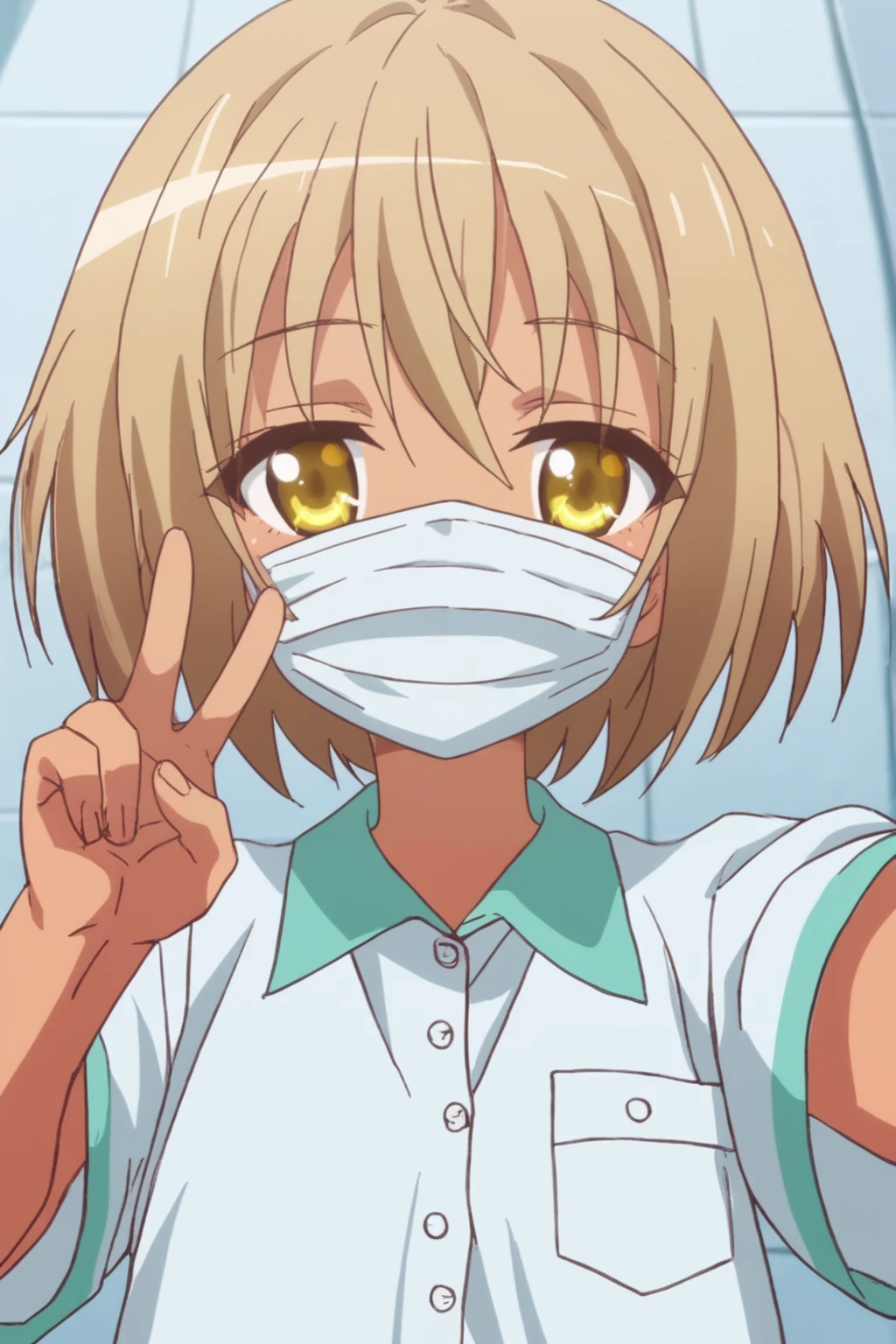 rating_safe, score_8_up, score_7_up, score_6_up, uncensored, anime screencap, flat shadows, flat colors, kaneshiro sora, upper body, perspective, happy, v-hand, medical_mask_tan