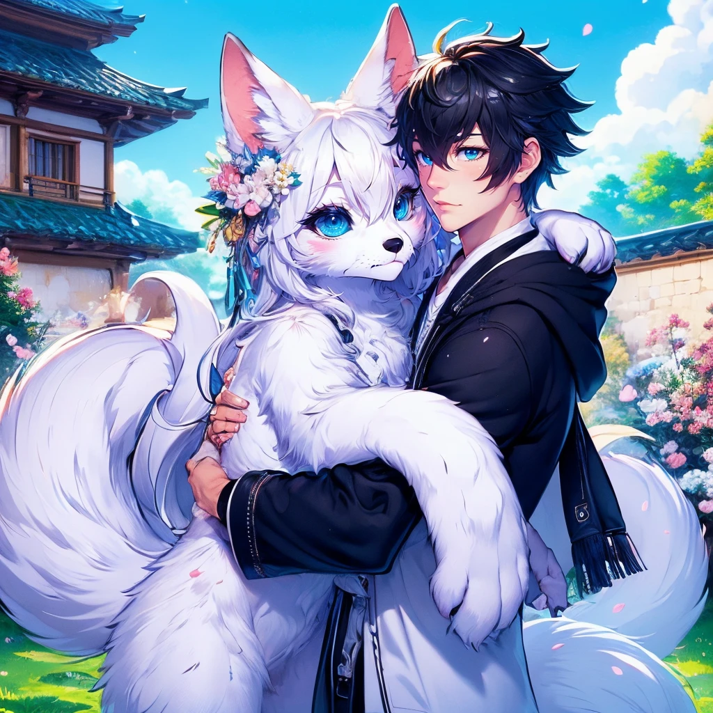 <lora:huzhilian-8:0.7>,super high resolution,best quality,Photos,4k,(Realistic:1.2),huzhilian,1boy,1girl,blue eyes,blush,outdoors,hair between eyes,shirt,looking at another,white fur,short hair,petals,tree,grass,hair ornament,licking,furry female,day,