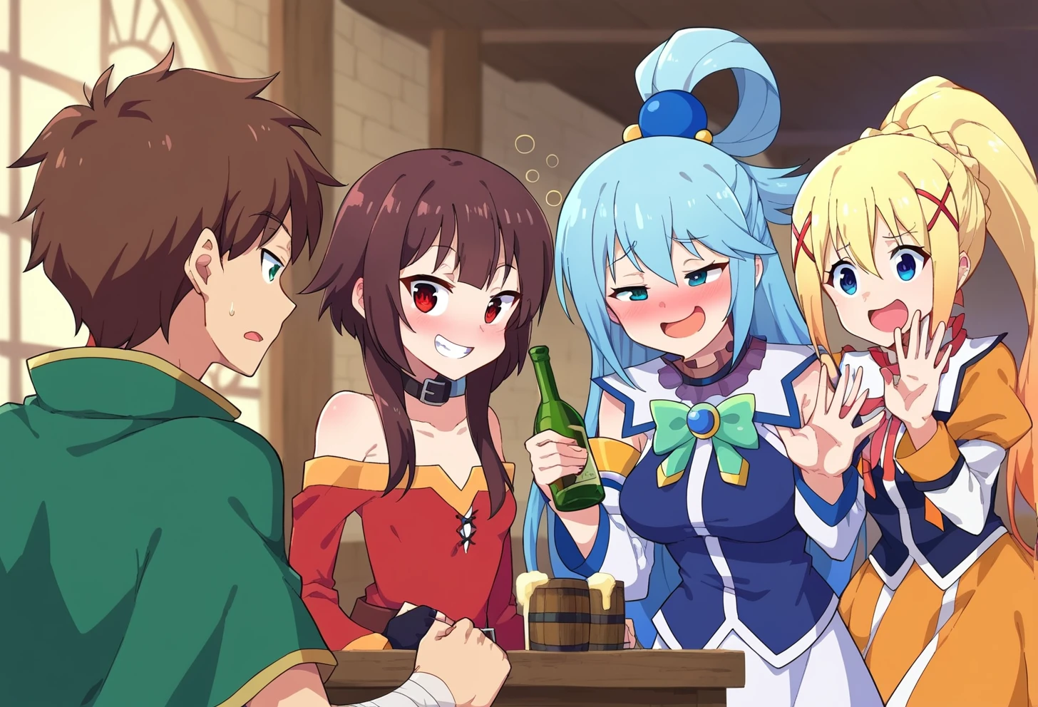 score_9, score_8_up, score_7_up, score_6_up, source anime, BREAK <lora:konosuba_multiple_merge:1> 3girls, 1boy, indoors, mansion,
3girls, 1boy, satou kazuma, brown hair, green capelet, green eyes,
3girls, 1boy,  nimugempnxl, megumin, small breasts, bandages, grin, v over eye,
3girls, 1boy,  auqapnxl, aqua \(konosuba\), smile, drunk, alcohol,
3girls, 1boy, lalatinapnxl, darkness \(konosuba\), dress, waving, closed mouth