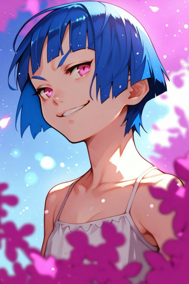 score_9, score_8_up, score_7_up, 1girl, smug, blue hair, long_fringe, pink eyes, flat chest, treehouse, glitter particles <lora:yoshio_(55level)_PonyXL_style_v01:1>