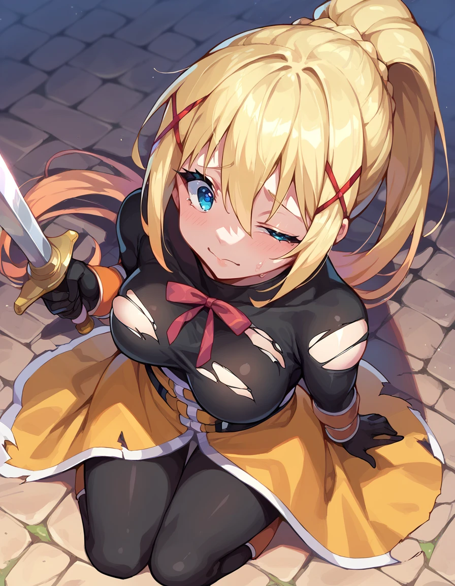 score_9, score_8_up, score_7_up, score_6_up, source anime, BREAK
<lora:konosuba_darkness:0.8> lalatinapnxl, darkness \(konosuba\), 1girl, ponytail, solo, from above,
torn clothes, blush, one eye closed, kneeling, holding sword, black bodysuit, hair between eyes, closed mouth