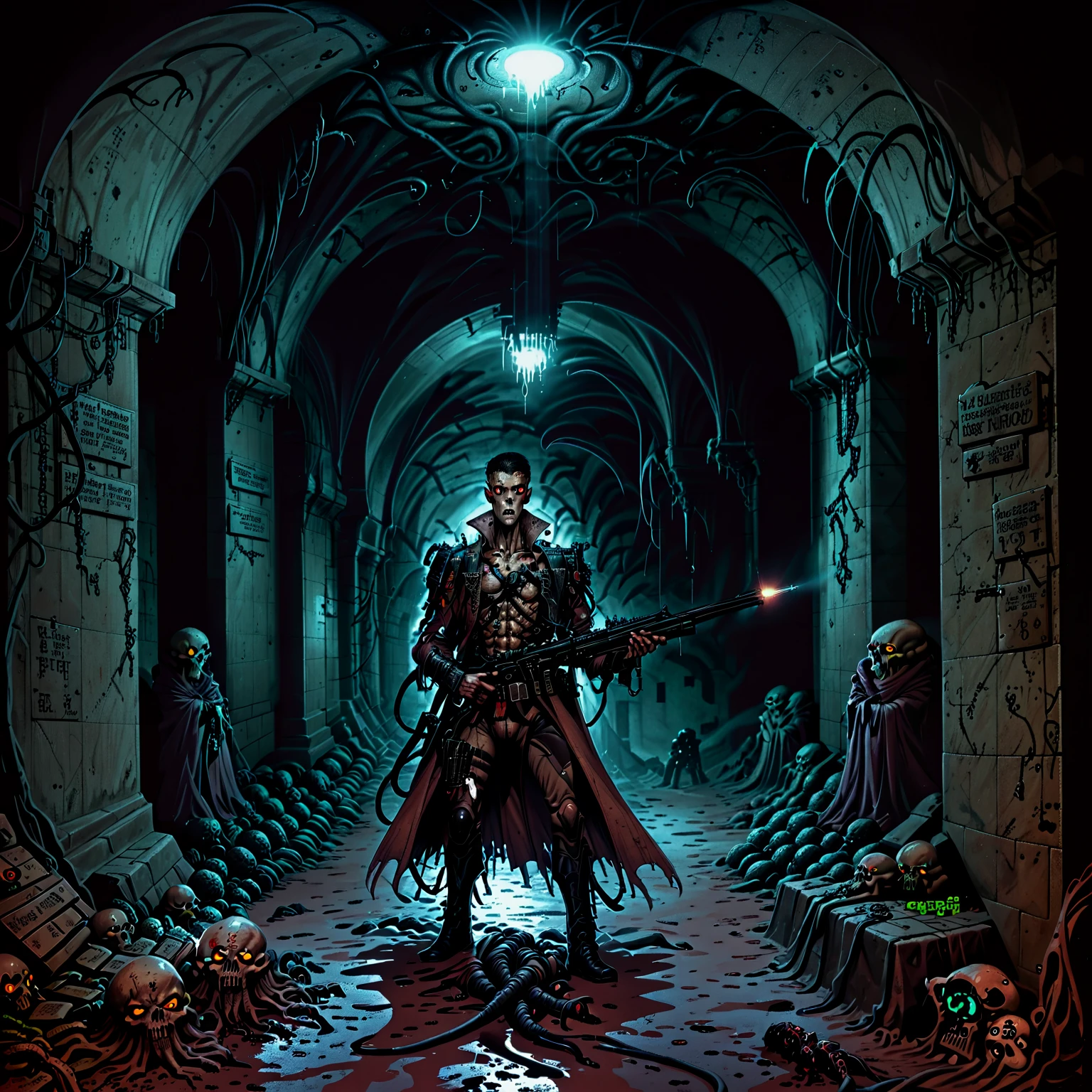 a soldier with a rifle in a crypt, requiemcom, darkness, roots, dirt, filth, stonework, dungeon, underground, horror_(theme), eldritch_horror,