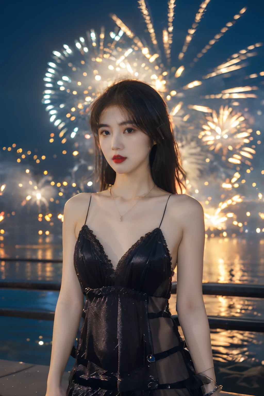 solo,1girl,dress,black hair,realistic,upper body,looking at viewer,elegant girl,(Silk_slip_dress:1.4),(Layered_necklaces:1.2),fire,fireworks,night,<lora:disillusion Â· fireworks:1>,