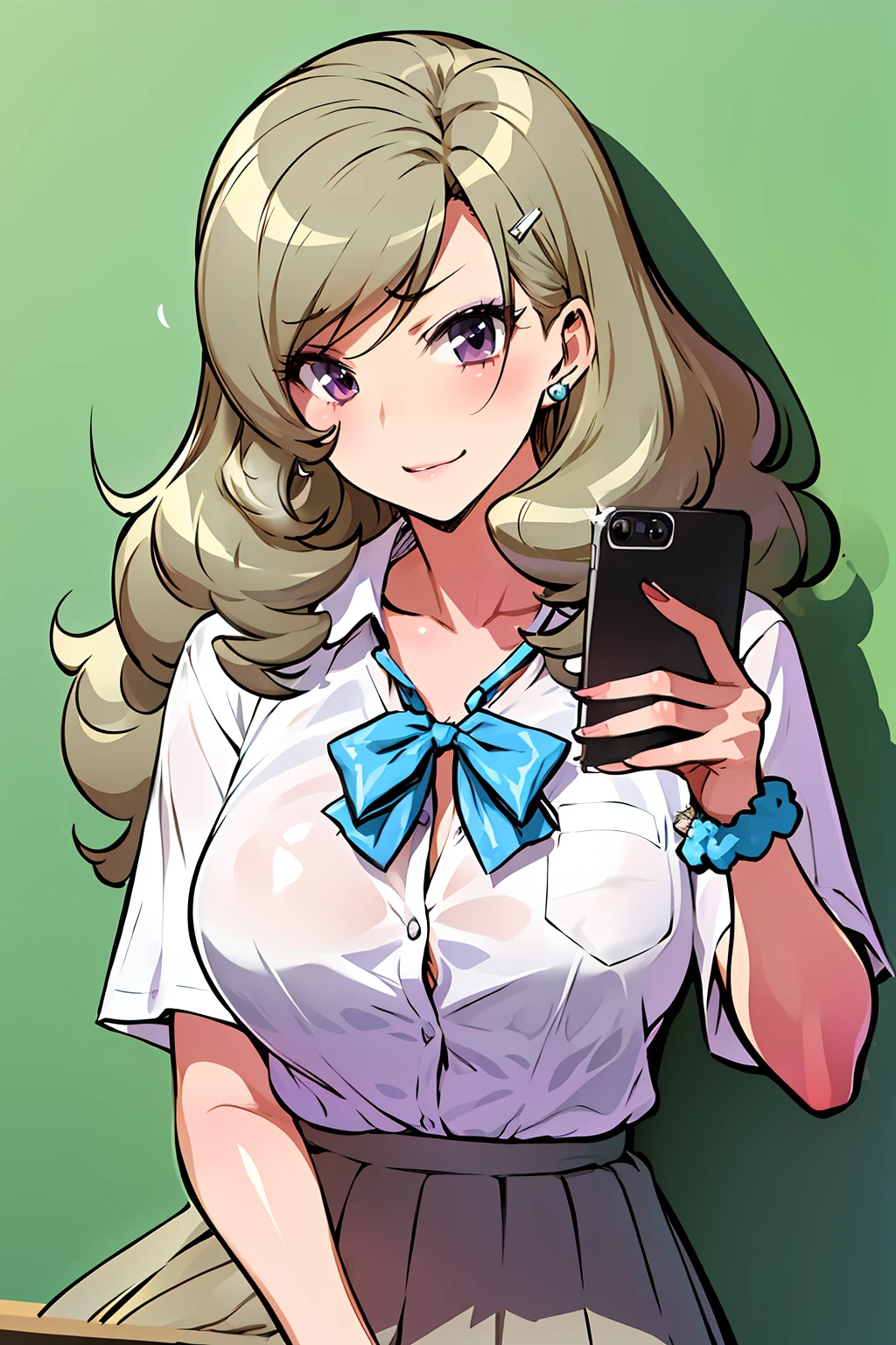 masterpiece, high quality, best quality, bitchko, purple eyes, kogal,  solo, school uniform, white shirt, gray skirt, scrunchie,  <lora:Bitchko1:1>, upper body, sitting, resting, against wall, makeup, holding phone