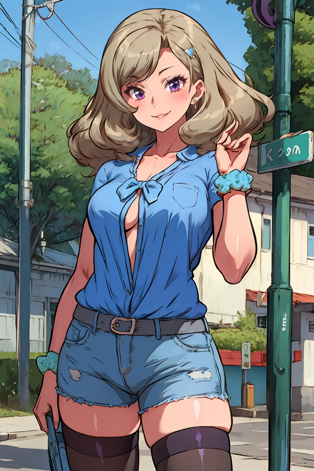 masterpiece, high quality, best quality, bitchko,  from_jk_bitchi_no_shiboretai, purple eyes, kogal, solo, scrunchie, cowboy shot, smile, blue shirt, black legwear, <lora:RealBitchko:0.8>, standing, bus stop