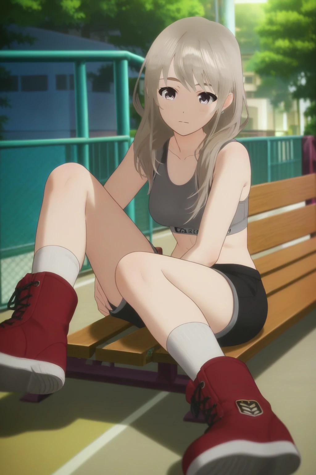 ,score_9, score_8_up, (score_7_up), source_anime,anime coloring,anime,(anime screencap),,zPDXL,
,detailed background,,outdoors, day, street,,park, park bench, 
 ,, ,,(white socks:1.2),,Shorts, red footwear,  , boots, sports bra, sport_short,sitting, 
, Momoka Kawaragi, hair over shoulder, white hair, grey hair, grey eyes, blonde hair, bangs, 1girl, solo, , long hair,
,  <lora:Momoka Kawaragi_PonyXL_v1:1>