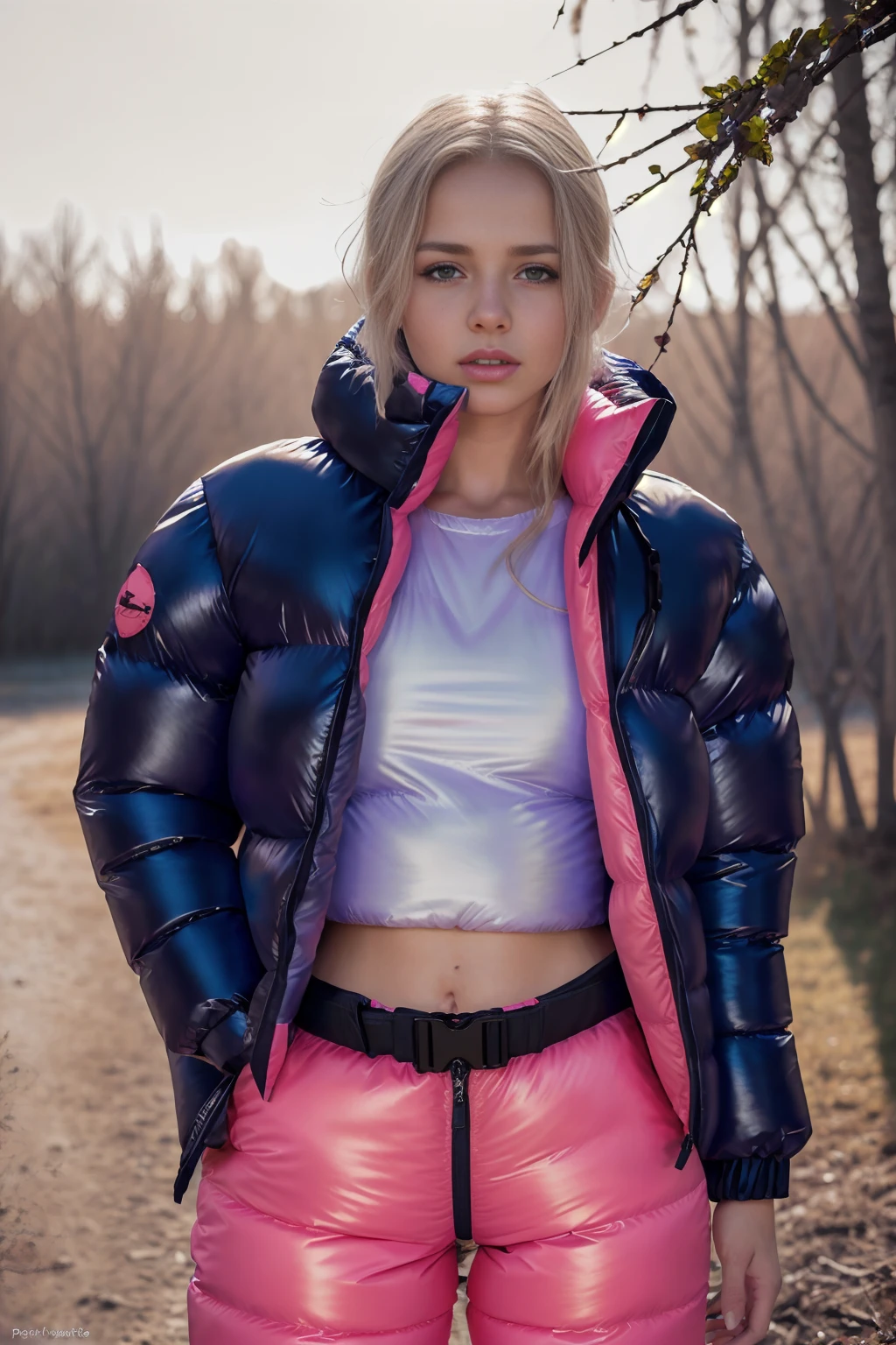 Stunning portrait of an sweet, cute, slim, long haired, young European woman. she is outside in a wood, it is a hot summer day. she wear an shiny, completely enclosureable, (hot neon pink,cropped puffer down jacket,by parkasite:1.3), ((very high yoked)). tempting, high detail, realistic, realistic character design, inspiring, intense emotion,  masterpiece, 8k, RAW photo, portrait, best quality, ultra high res, photorealistic, cinematic lightning, digital painting, storytelling, high resolution, depth of field, lens flare,   <lora:Parkasite_v2-000010:0.6>  <lora:hairdetailer:0.3>