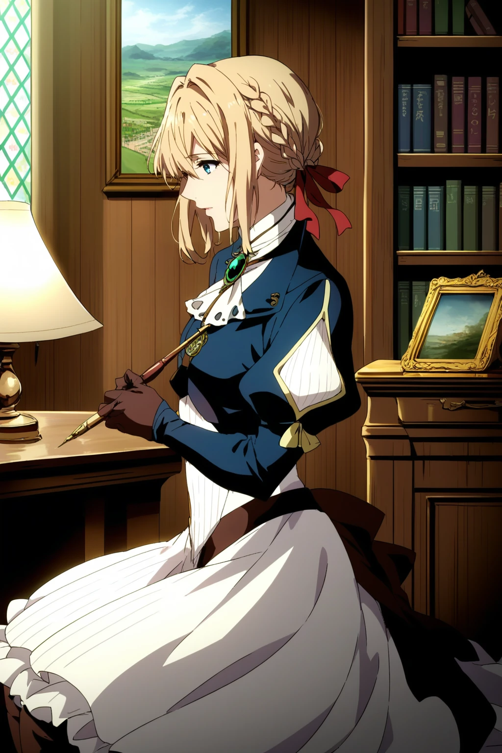 ,score_9, score_8_up, (score_7_up), source_anime,anime coloring,anime,(anime screencap),,zPDXL,
,detailed background,, day, the Victorian era, medieval, libraries, kerosene lamps, writing, letters, fountain pens, indoors, wooden wall, sitting, 
 F: ,blue jacket, brown gloves, cropped jacket,, gloves, green brooch, jacket, juliet sleeves, long sleeves, puffy sleeves, (white dress:0.4), short skirt, short dress, 
,knee boots, lace up boots, brown footwear,  high heel boots,,(white thighhighs), (lace),,
,, violetevergarden,violet evergarden, blonde hair, blue eyes, hair ribbon, ribbon, short hair, braids, hair braids, red ribbon, 1girl, ,upper body, 
, <lora:Violet_Evergarden_PonyXL_v1:0.7>