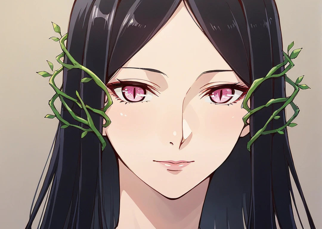 score_9, score_8_up, score_7_up, 1girl, Titania Mtn, pink eyes slit pupils, very long hair, black hair, parted bangs, hair ornament, huge breasts, close up, face, looking at viewer,