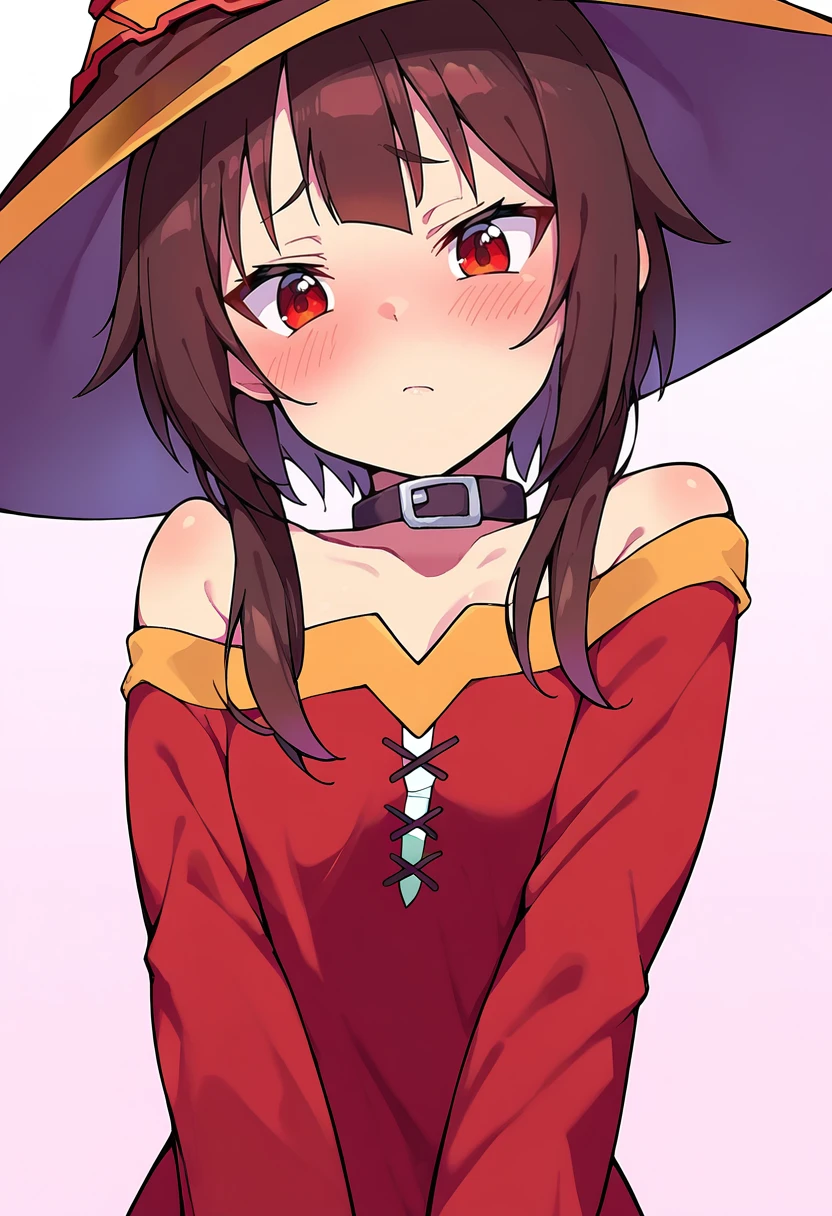 score_9, score_8_up, score_7_up, score_6_up, source anime, BREAK
 <lora:konosuba_megumin:1> nimugempnxl, megumin, 1girl, blush, solo, looking at viewer, short hair with long locks, small breasts, bandages, witch hat