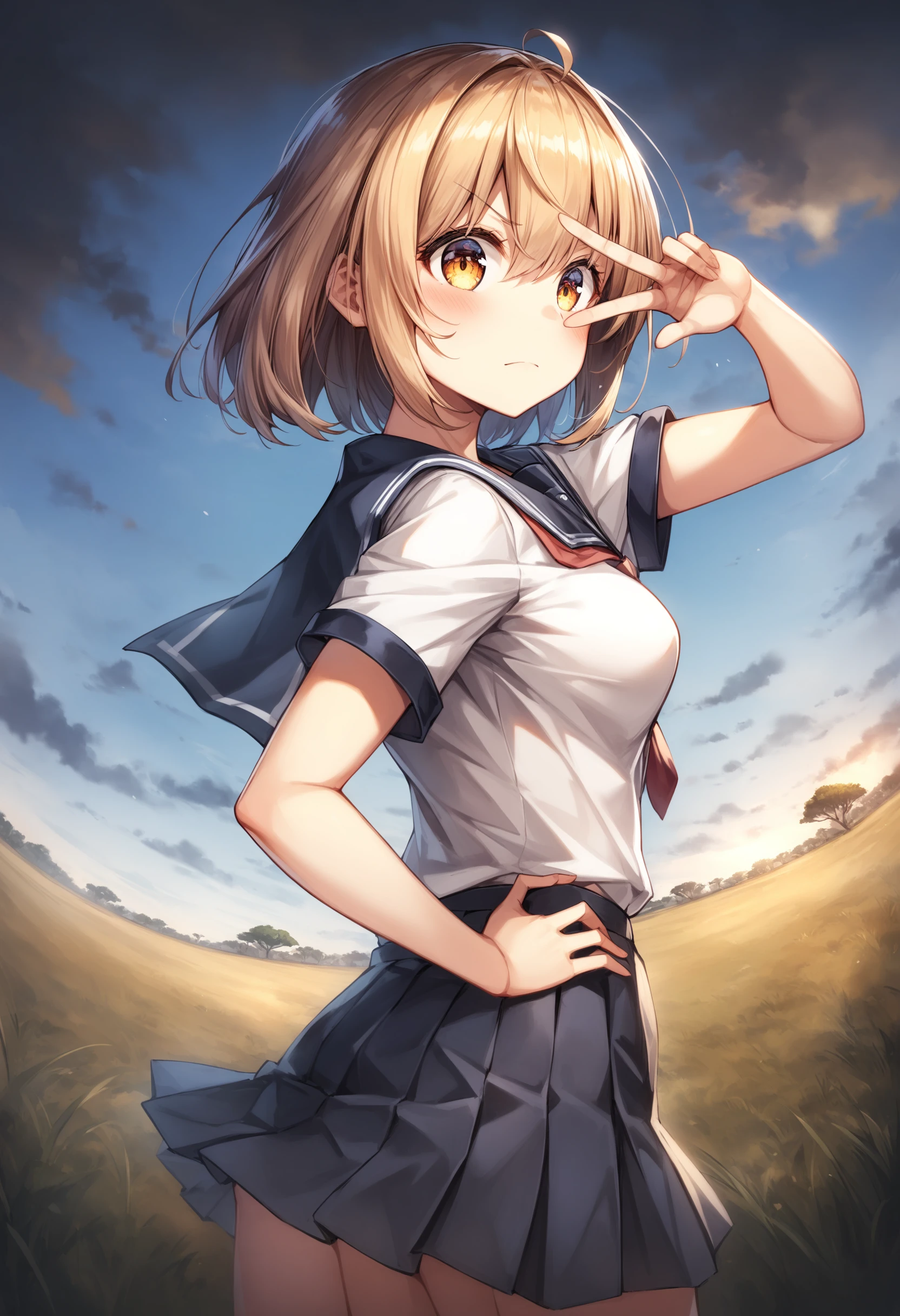 1girl, <lora:sdxl2-flat2-512b:-1>,medium breasts,school uniform,
kiraboshi,<lora:kiraboshi_XL_v1:0.8>v, v over eye,
from side, fisheye lens, looking back, furled brow, savannah, closed mouth,
best quality, very aesthetic, absurdres