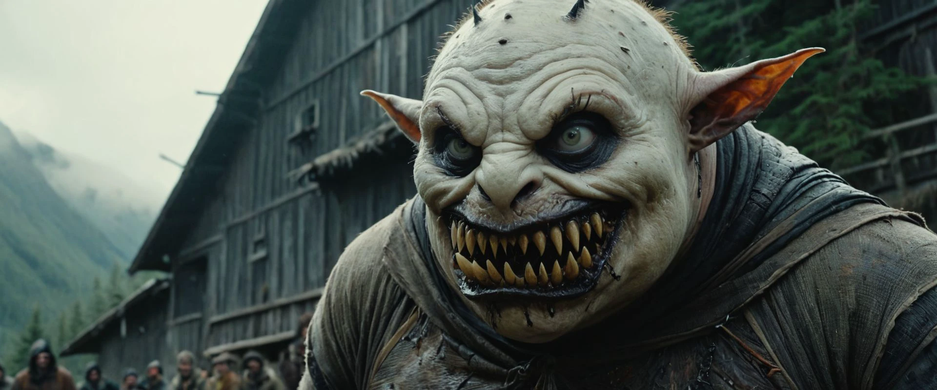 horror action movie theme, raw, empathic movie still of a fat monster with a japanese neutral white mask of errors, ultra-sharpness, dark fantasy, ultra detailed, action pose, epic scene, dramatic lighting, mysterious, cinematic, pale skin, imperfections, (8K resolution), establishing shot, 4K resolution, high textures, 35mm, leica, subsurface scattering, (aberration chromatic:1.4)