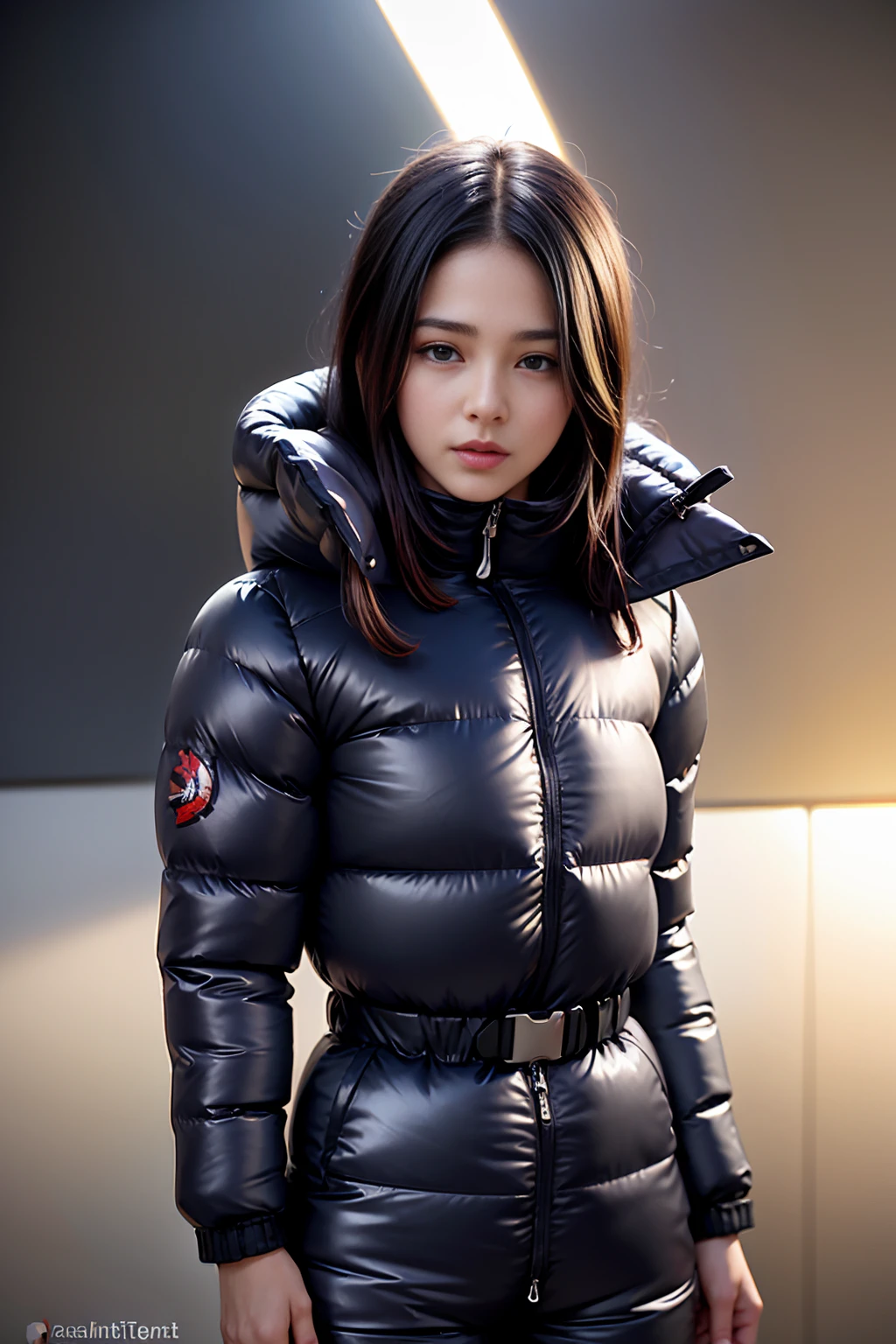 Stunning portrait of an sweet, cute, slim, long haired, young European woman. she is outside, it is a hot summer day. she wear an shiny, colorful, completely enclosureable, (cropped puffer down jacket,by parkasite:1.3), ((very high yoked)). tempting, high detail, realistic, realistic character design, inspiring, intense emotion,  masterpiece, 8k, RAW photo, portrait, best quality, ultra high res, photorealistic, cinematic lightning, digital painting, storytelling, high resolution, depth of field, lens flare,   <lora:Parkasite_v2-000010:0.7>  <lora:hairdetailer:0.3>