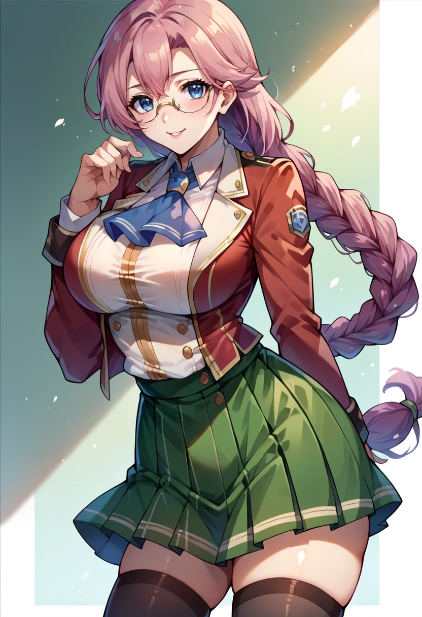 score_9, score_8_up, score_7_up, emmathors, ascot, blue eyes, braided ponytail, breasts, glasses, loafers, long hair, pink hair, pleated skirt, red jacket, single braid, thighhighs, white shirt, large breasts,  <lora:emma-rebake3:0.9>, green skirt