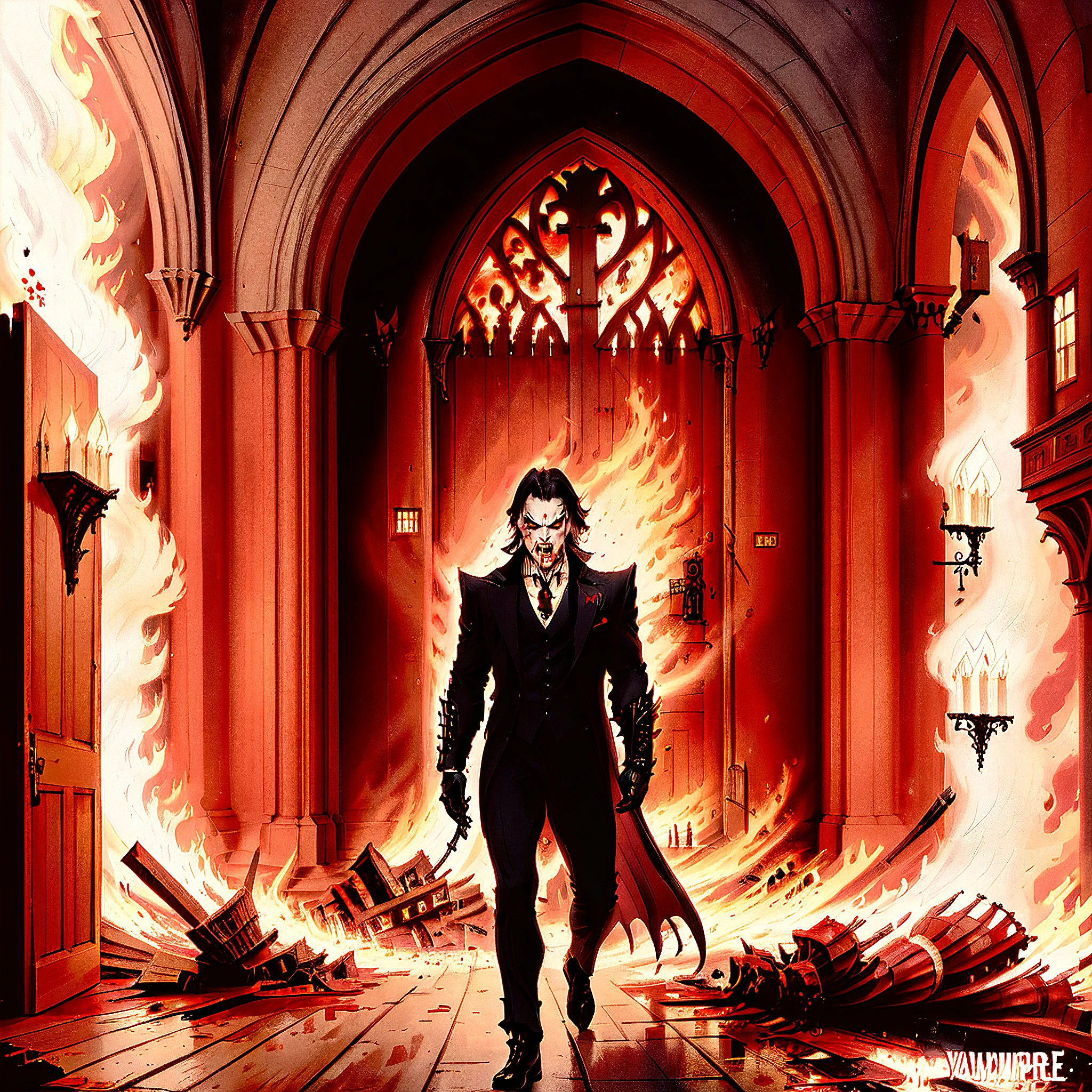 a vampire stands in the doorway of burning church, requiemcom, vampire, fangs, suit, fire, smoke, blood, rage,