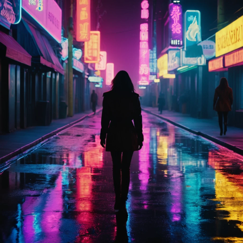 cinematic film still of cinematic film still of  <lora:silhouette style v2:1>
A silhouette photo of a woman walking down a colorful cyberpunk street at night,1girl,solo,standing,outdoors,sky,water,from behind,night,building,scenery,reflection,walking,city,silhouette,dark,lamppost,city lights,neon lights different shadow patterns, different shadows, cinematic, filmic, different colors, creative cinematography, covered in shadow, perfect shadow, detailed shadow, detailed background, detailed environment, award winning cinematography, casting shadow, film contrast, film saturation, high quality, 8k, silhouette style, shallow depth of field, vignette, highly detailed, high budget, bokeh, cinemascope, moody, epic, gorgeous, film grain, grainy