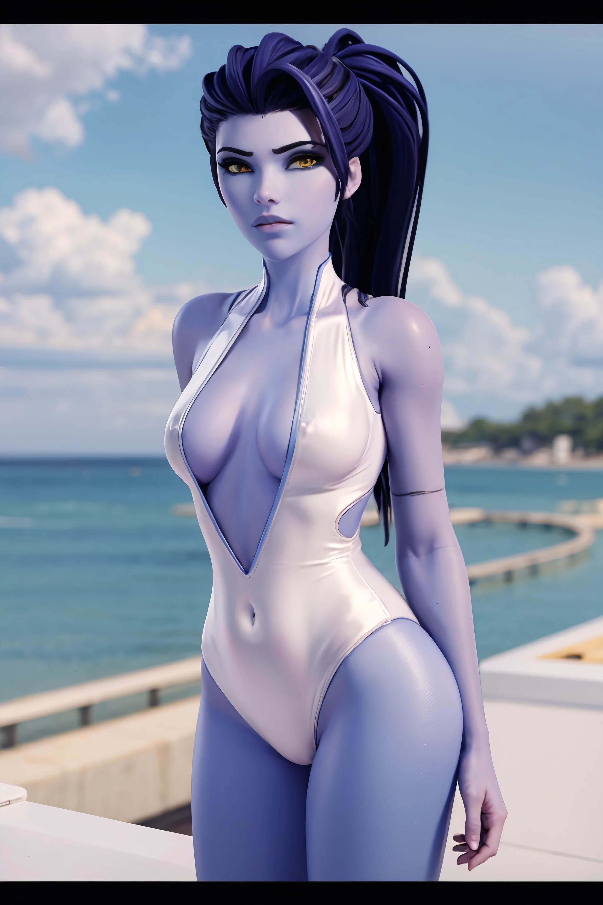 <lora:Widowmaker_cgi:0.8>,widowmaker_cgi,(colored skin:1.7),yellow eyes,dark eyeliner,high ponytail hair, white swimsuit panties,topless,seductive pose,  ,((HDR, best quality, masterpiece, detailed, High Resolution)), solo,  woman,  thigh,portrait,upper body focus, beach,sun,sea,clouds, <lora:breastsizeslideroffset:0.1>