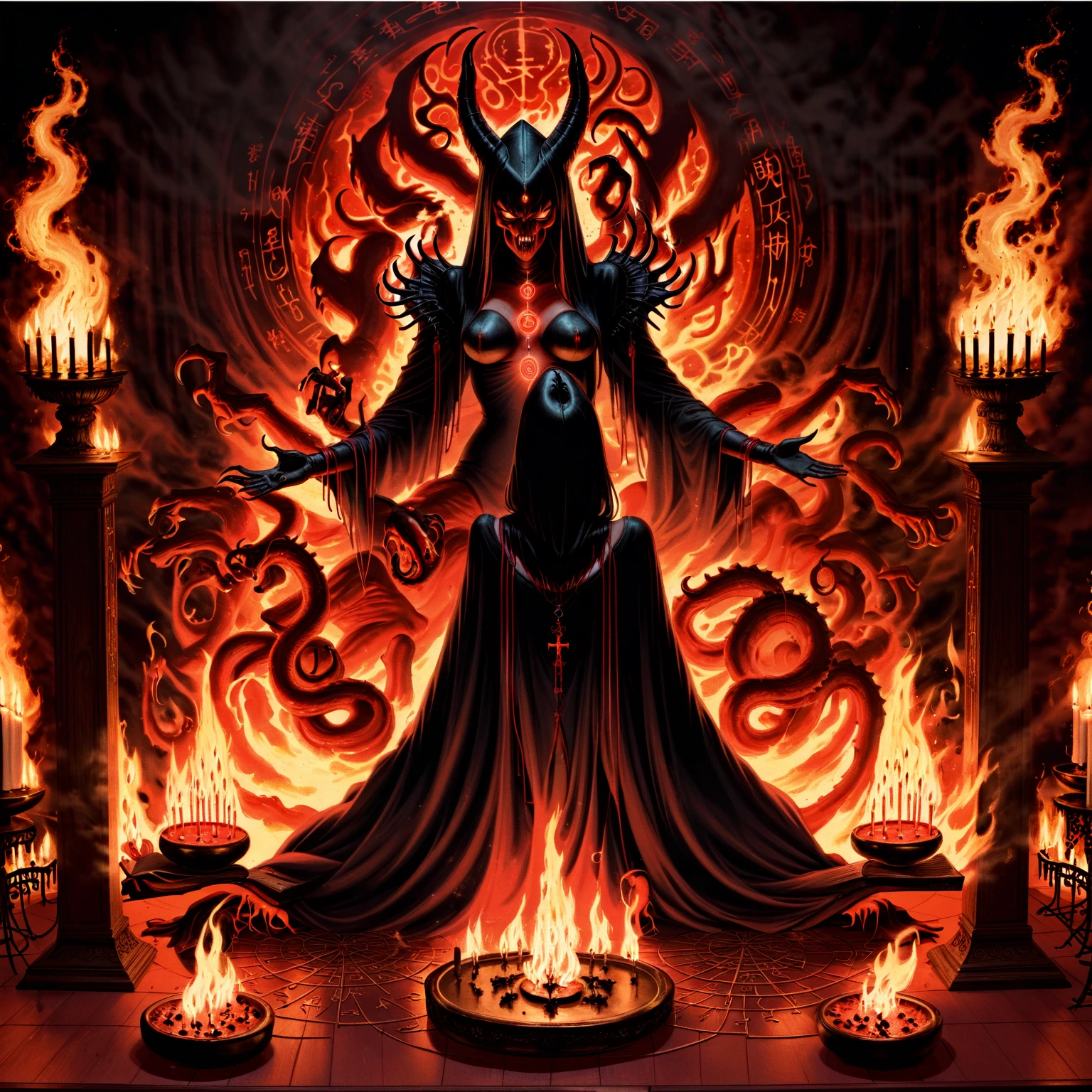 a woman in a black robe summoning a demon at an altar, requiemcom, many others, fire, black magic, evil, demon, monster,