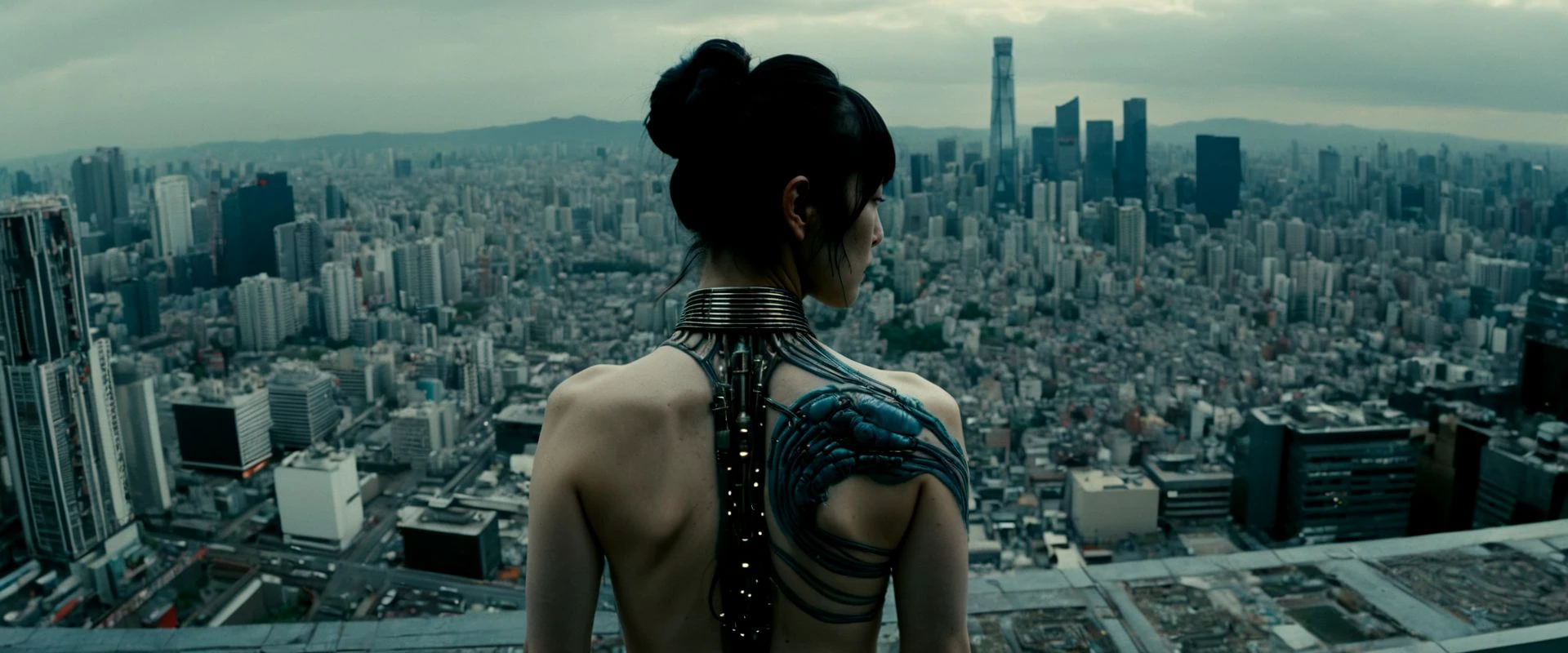 cinematic landscape for hyperrealistic photography,  filmgrab frame of cinematic still, filmed by Guillermo del Toro, horror theme, klimt composition,  Japanese edo period theme, neo tokyo, cyberpunk, engineer, high technology, connected people, corrupted politicians, yakuzas, cyborg gueisha in action pose with traditionnal haircut, seductive, lascivious, dangerous, poisonous, traditionnal outfits, wired people, traditionnal japanese edo patterns embroideries,  adorned with elementals edo magics,  Junji Ito, complexe city background, Kawanabe KyMsai, pale skin, imperfections, (8K resolution), establishing shot, 4K resolution, high textures, silicon shells, high engineering, 35mm, leica, subsurface scattering, aberration chromatic, all in focus, sharpen lines, animatic film