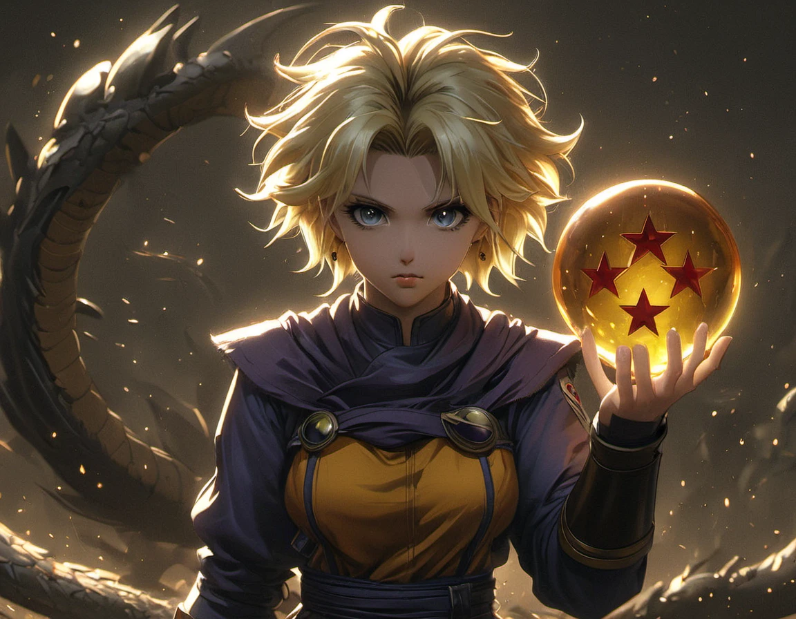 (((masterpiece))) , (((best quality))) , anime style, 2d, well-built charming 1girl, solo, lovely 1girl, FourStar, beautiful gorgeous Riza Hawkeye, holding a four star dragonball, she has Shaved sides hair, key visual, 