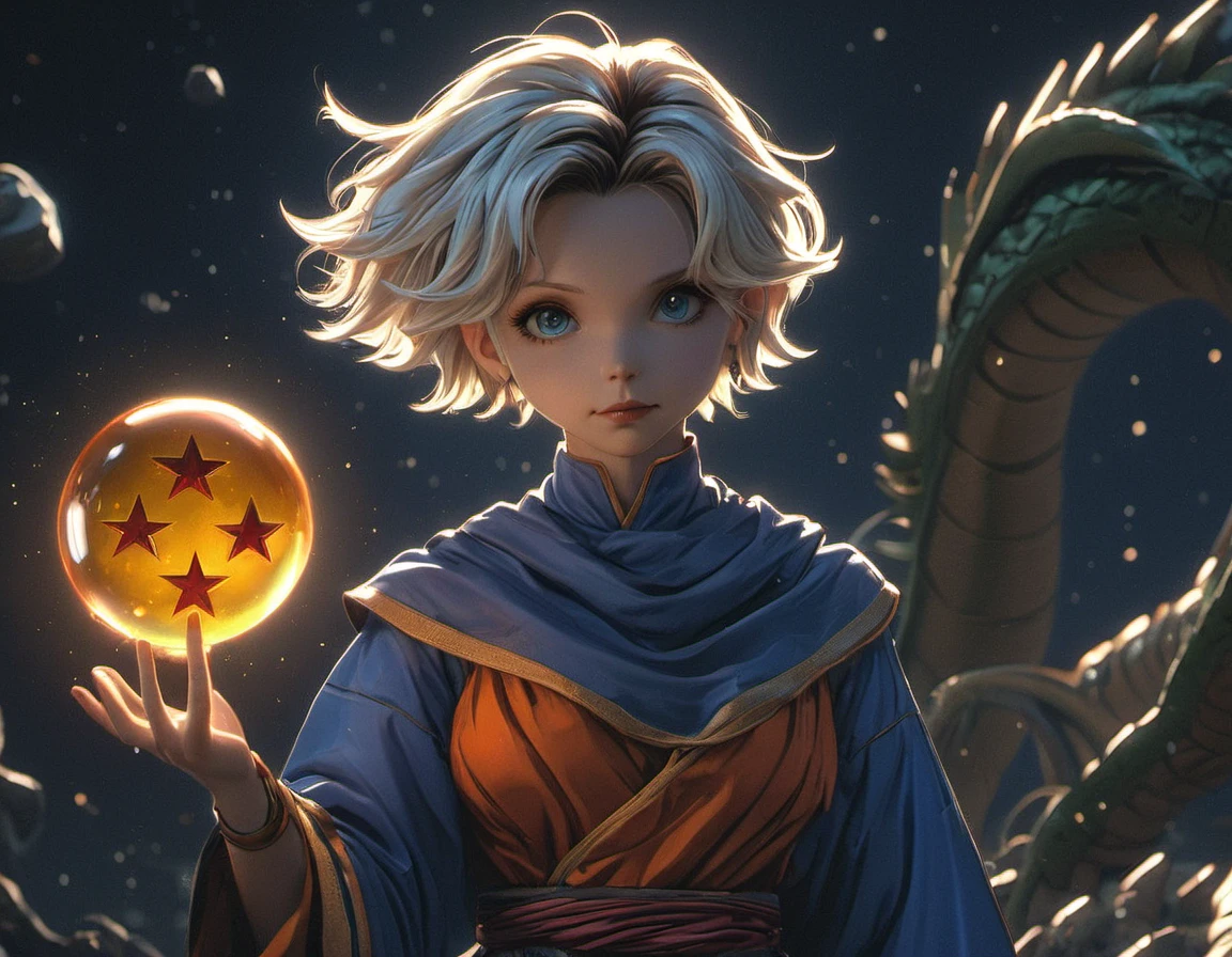 (((masterpiece))) , (((best quality))) , anime style, 2d, well-built charming 1girl, solo, lovely 1girl, FourStar, beautiful gorgeous Young Calista Flockhart, holding a four star dragonball, she has Shaved sides hair, key visual, 