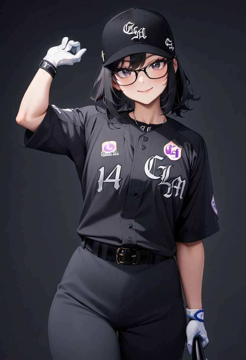 masterpiece, best quality, very aesthetic, absurdres,
1girl, solo,  glasses, black hair, medium hair, smile, looking at viewer, 
clm, baseball uniform, baseball bat, gloves, holding baseball bat, black background, belt, pants, holding, sportswear, baseball cap, baseball uniform, black shirt, shirt, black hair, simple background, cowboy shot, black belt, black pants, white gloves
 <lora:ChibaLotteMarinesNCE20024_SDXL_V1:0.8>