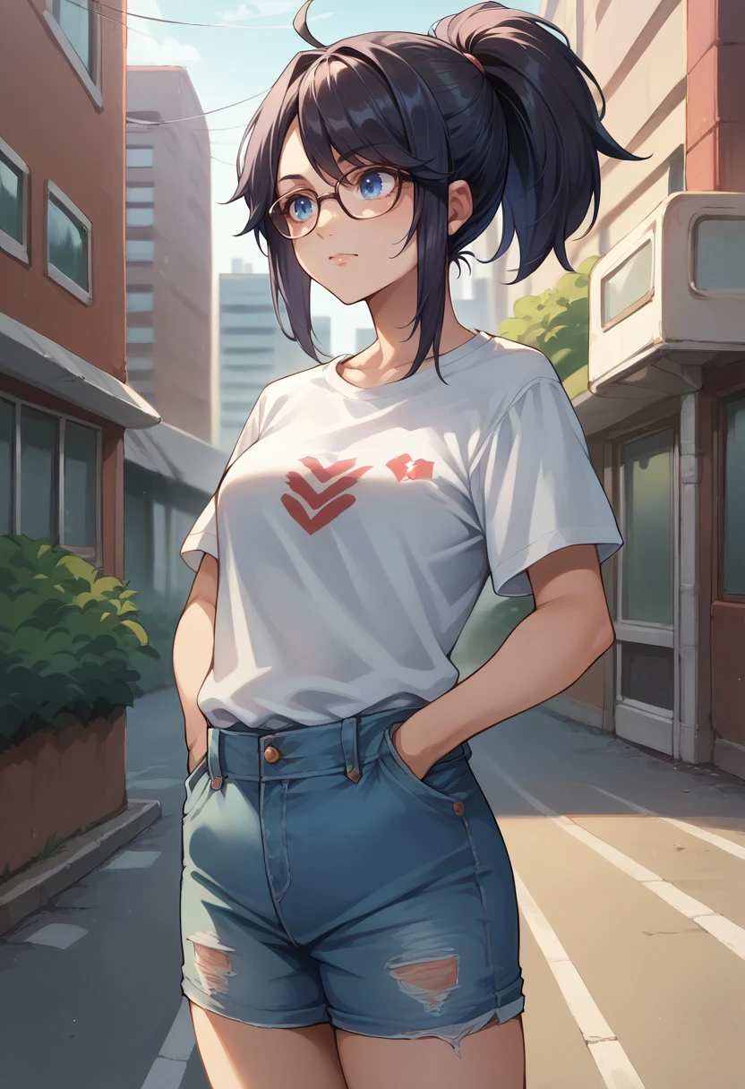 score_9, score_8_up, score_7_up, source_anime, Kson, black hair, blue eyes, ponytail, glasses, t-shirt, denim shorts, standing, outdoors, city, hands in pockets, <lora:ChamKsonPonyXL:1>