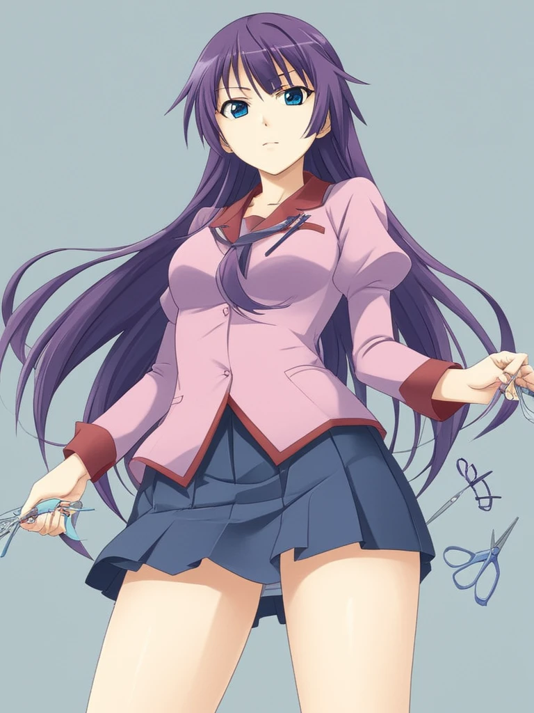 anime artwork <lora:Hitagi:1> 1girl, blue eyes,  cowboy shot, from below, hitagi, long hair, looking at viewer,  naoetsu high school uniform, purple hair, scissors, solo, white background, zettai ryouiki . anime style, key visual, vibrant, studio anime,  highly detailed