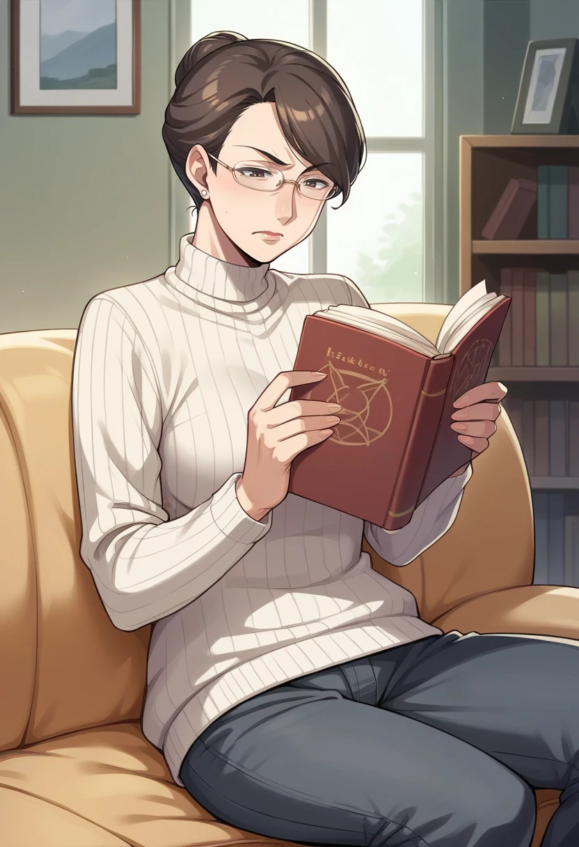 score_9, score_8_up, score_7_up, source_anime BREAK 1girl, solo,  <lora:zs_KaburagiXL:1> kaburagip5s, short hair, hair bun, glasses, brown eyes, mature female, living room, reading book, sweater, pants