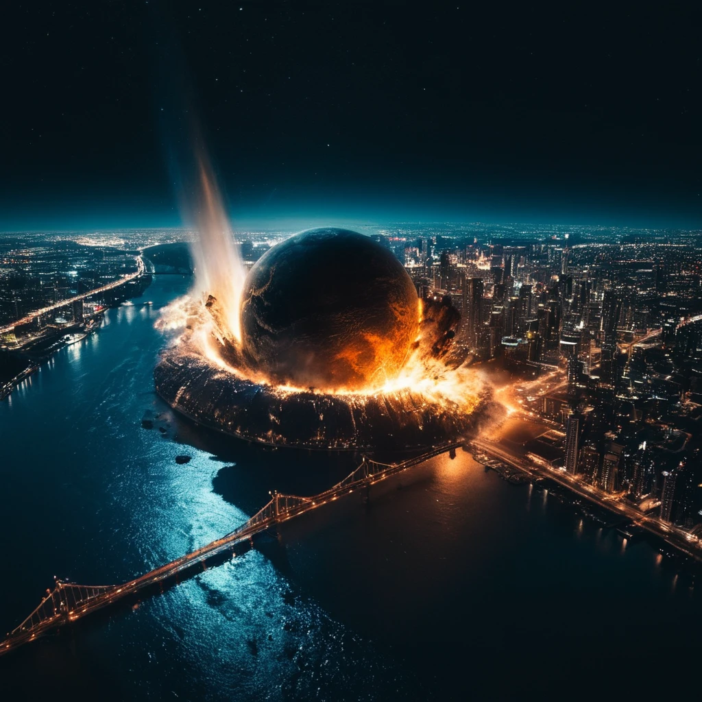 cinematic film still of  <lora:collision style:1>
A collision of a view of the earth at night with lights of cities,outdoors,sky,water,no humans,night,ocean,night sky,scenery,city,cityscape,river,landscape,lake,city lights , impact, crash, explosion, destruction, strike, wreck, smash, planet, outer-space, galaxy, cinematic, film, different color, real, collision style, shallow depth of field, vignette, highly detailed, high budget, bokeh, cinemascope, moody, epic, gorgeous, film grain, grainy