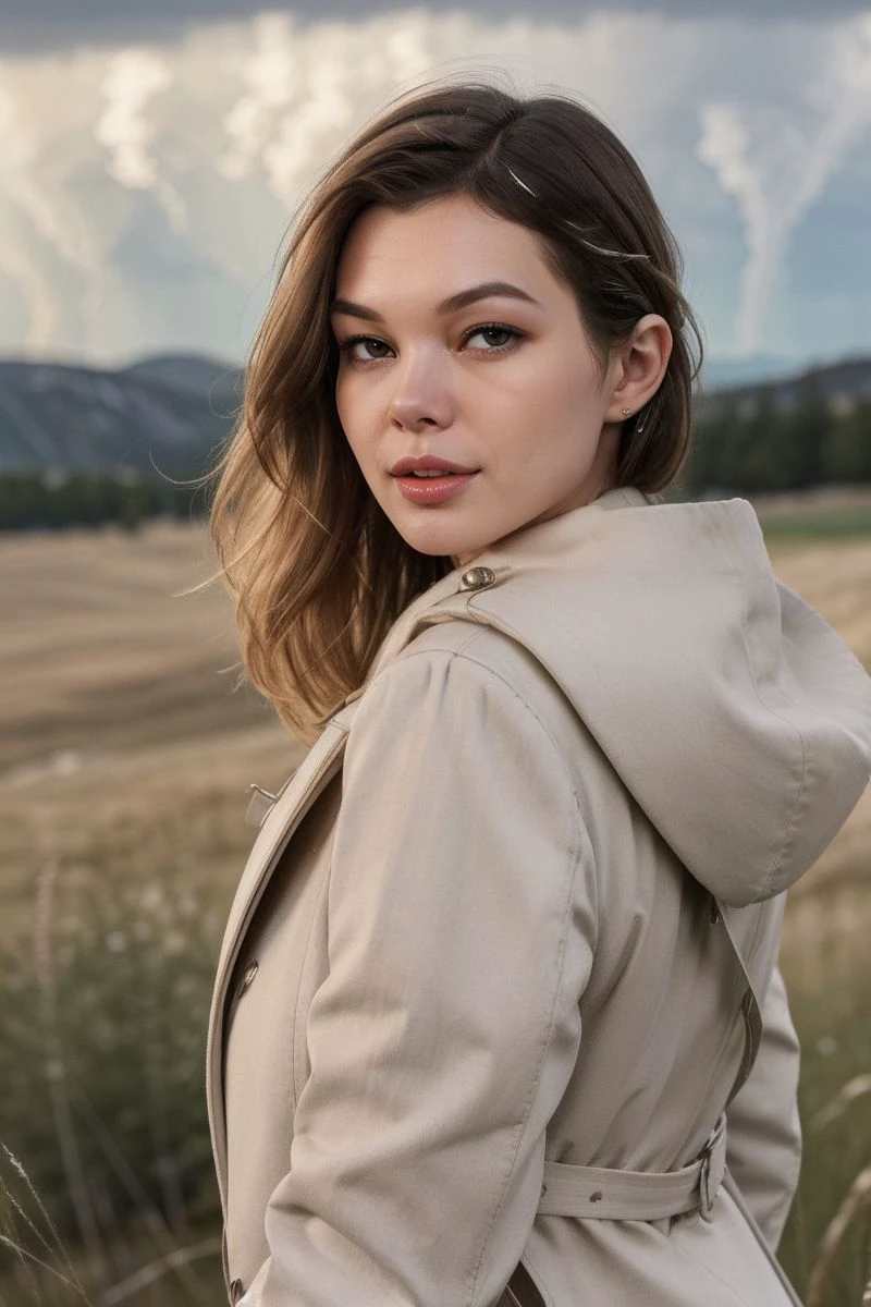 photo of S381_StefaniaBeatty,a stunning woman,on a (field:1.1),wearing a (coat:1.1),(thunderstorm),(4k, RAW photo, best quality, 35mm, depth of field, ultra high res:1.1),(intricate, photorealistic, cinematic-shot, masterpiece, ultra-detailed:1.1),