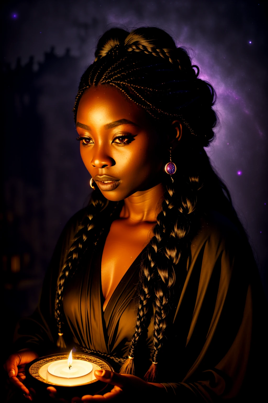 Wide angle oil painting, (Enigmatic Kenyan Fairytale Witch casting spell:1.2), Rule of thirds composition, Flowing robes, Magical aura, (Mystical Galaxy Braid:1.3), Mysterious gaze, Embarrassed expression, Shadowed features, Velvety textures, (Moonlit Palace backdrop:1.2), Luminous crescent light, Eerie shadows, Captured with a 50mm Bokeh lens