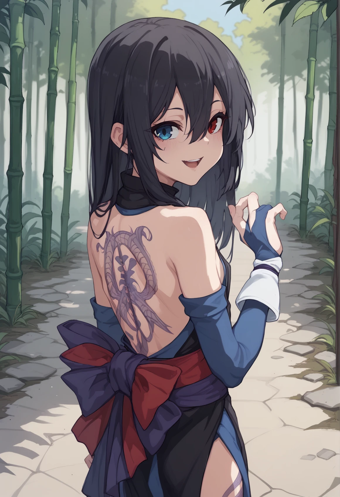 1girl, really long hair, hair hair between eyes, really long bangs, black hair, heterochromia, blue eyes, red eyes, body markings, japanese clothes, ninja, sash, bare shoulders, partially fingerless gloves, elbow gloves, ribbon, sideboob, tattoo, leg tattoo, back tattoo, from behind, turning around, walking, smile, open mouth, looking at viewer, hands up, age regression, flat chest, outdoors, bamboo forest, full body, upper body <lora:Shiki_SS:0.8> <lora:KakureEriaPDXL-(jack cat) :1>