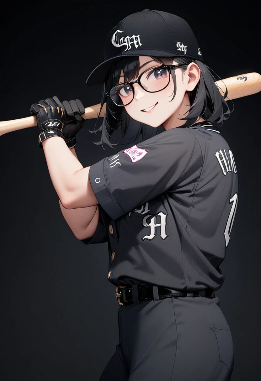 masterpiece, best quality, very aesthetic, absurdres,
1girl, solo,  glasses, black hair, medium hair, smile, looking at viewer, upper body, 
clm, baseball uniform, baseball bat, gloves, baseball cap, holding baseball bat, belt, pants, holding, black shirt, black belt, black background, shirt, cowboy shot, baseball uniform, facial hair, black gloves
 <lora:ChibaLotteMarinesNCE20024_SDXL_V1:0.8>