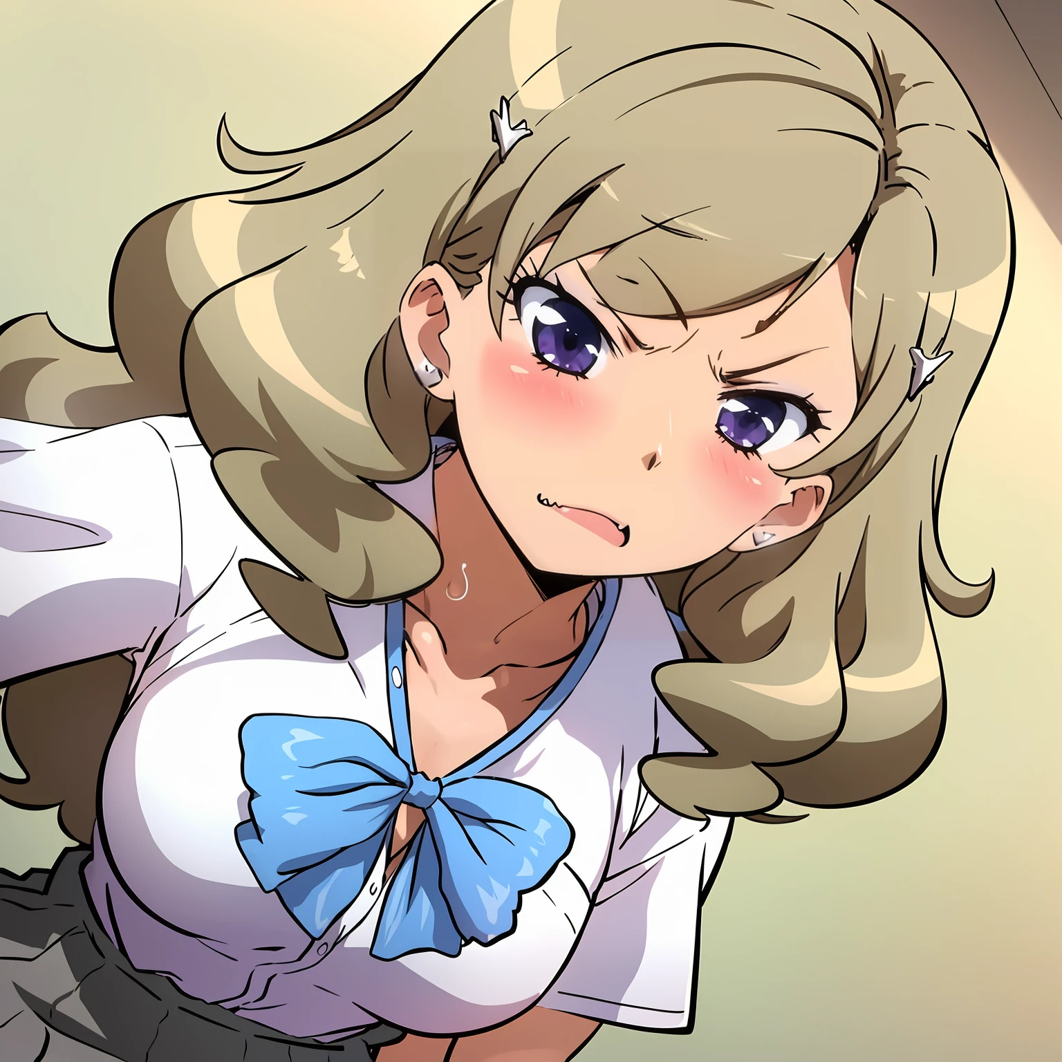 masterpiece, high quality, best quality, bitchko,  from_jk_bitchi_no_shiboretai, purple eyes, kogal, solo, scrunchie, school uniform, grey skirt, <lora:Bitchko:1>, BREAK portrait, angry, v-shaped eyebrows, v-shaped eyes, closed mouth, fang, dutch angle